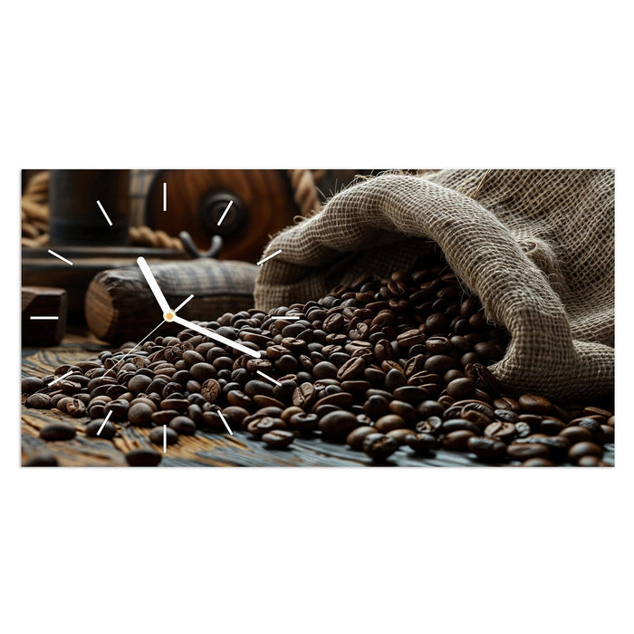 Wanduhr Kaffeebohnen Sack aus Glas – Querformat 60 × 30 cm mit Ziffernblatt Linie