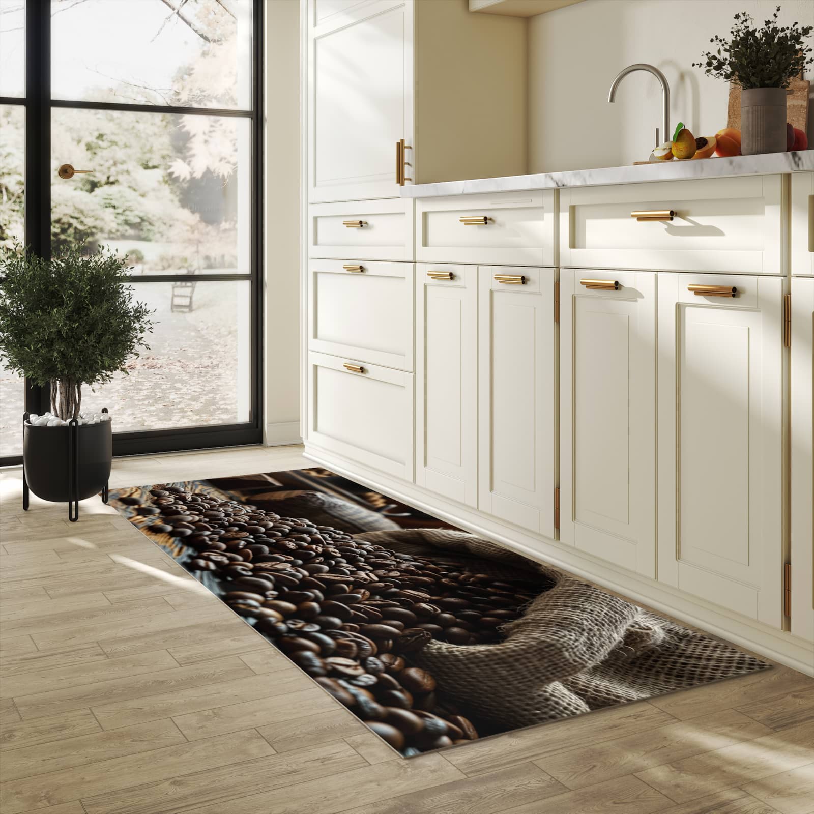 Langlebiger dünner Küchenteppich mit Motiv Kaffeebohnen Sack in heller Küche