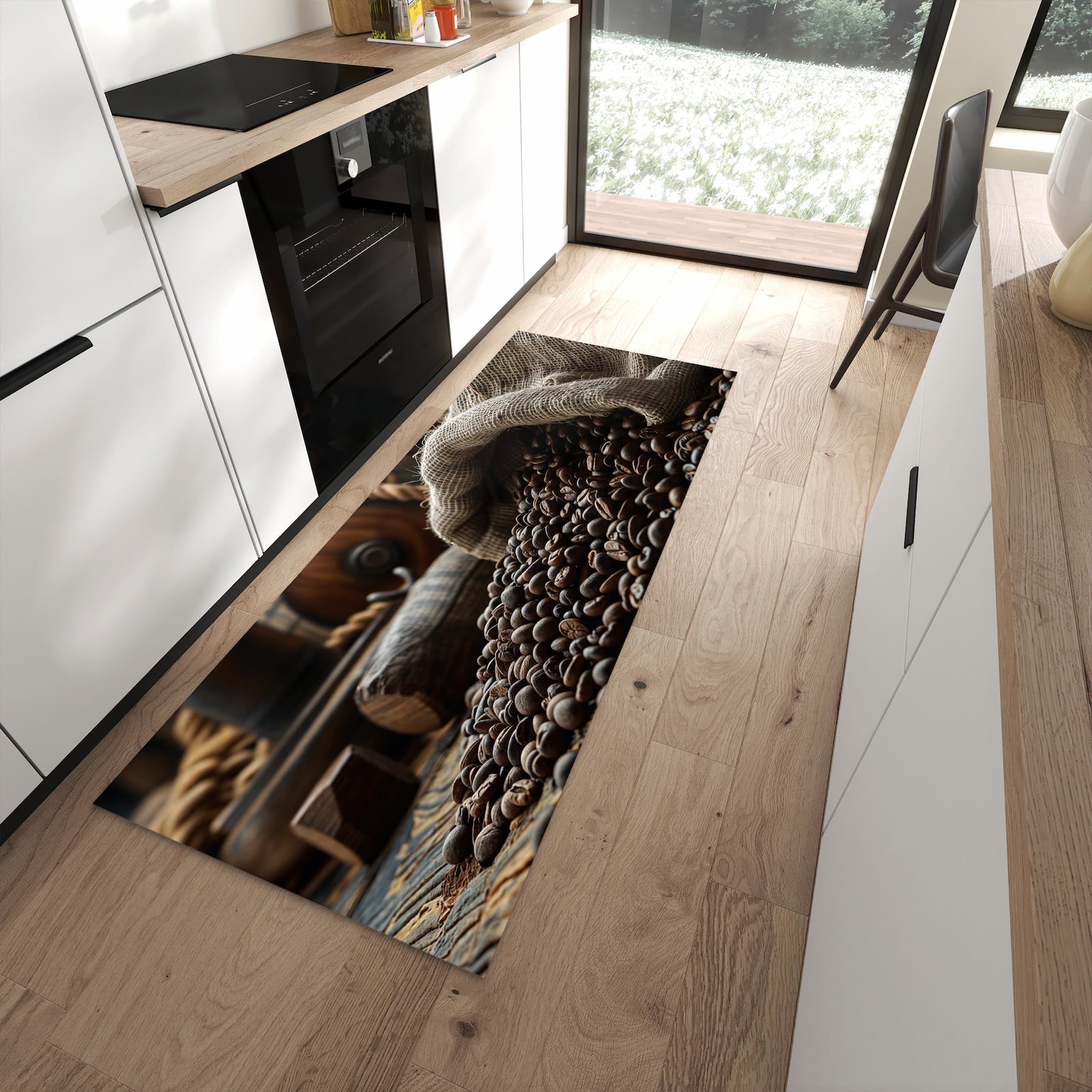 UV-beständiger abwaschbarer Küchenläufer mit Motiv Kaffeebohnen Sack in moderner Küche