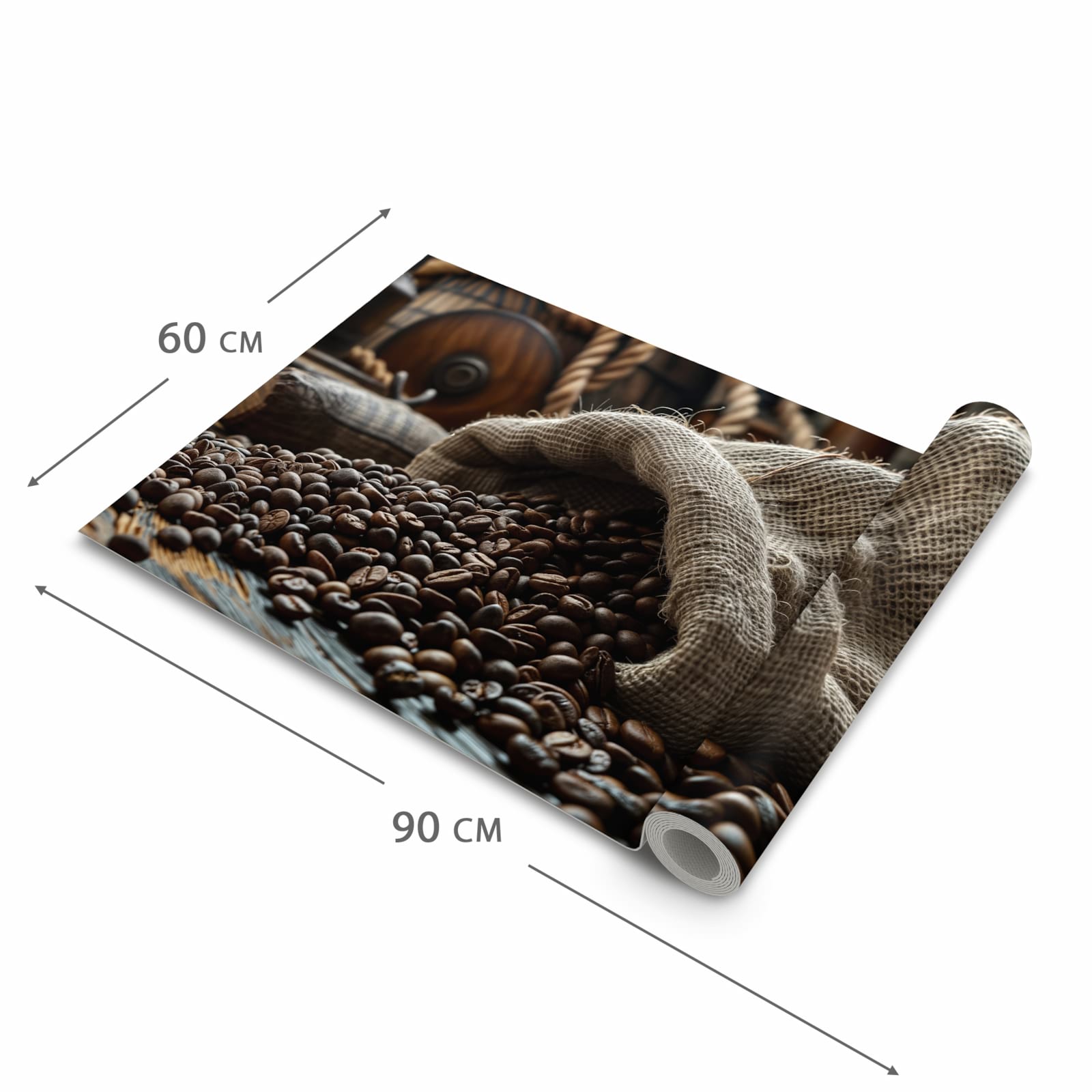 Geräuschdämpfender Küchenteppich mit Motiv Kaffeebohnen Sack in der Grösse 60x300 cm