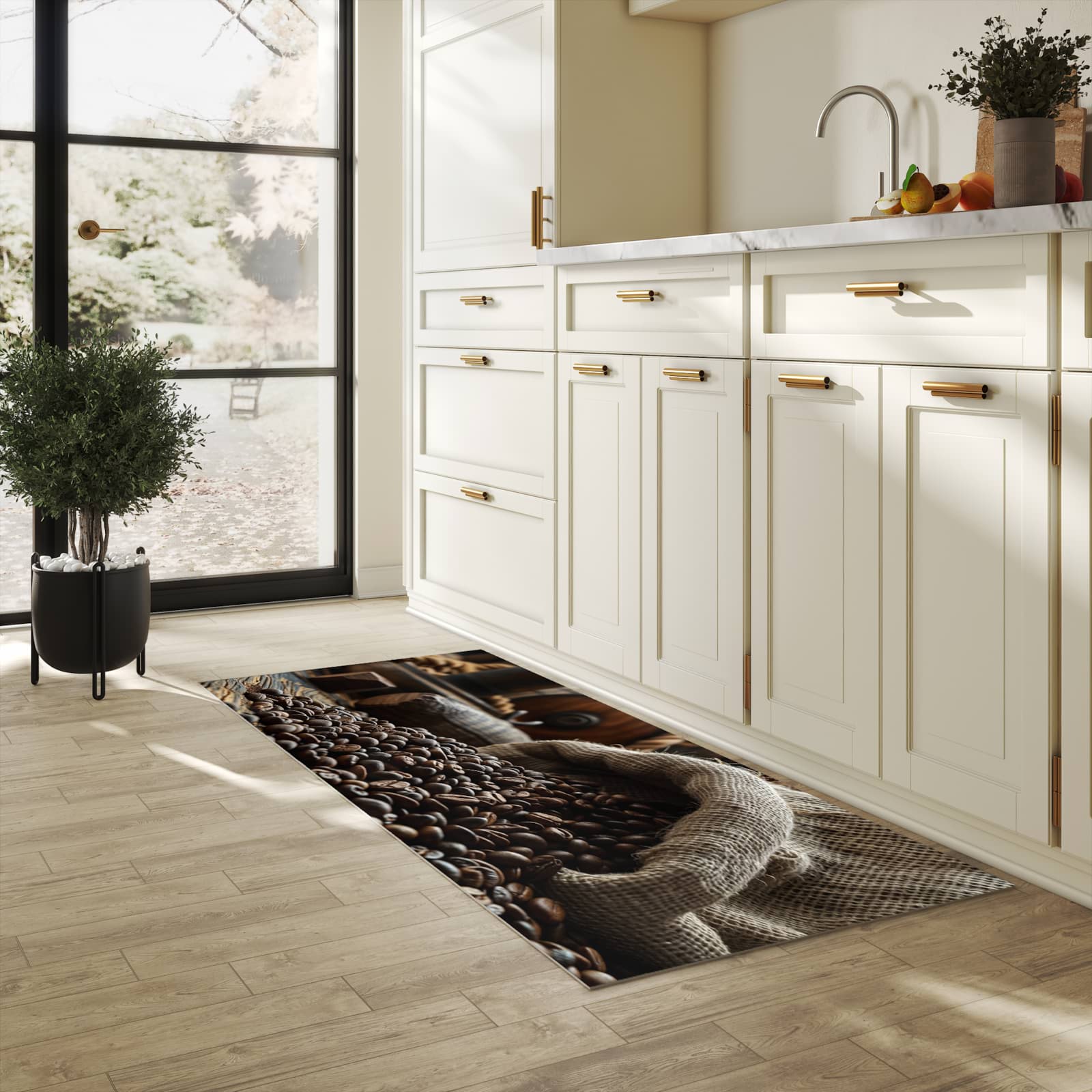 Waschbarer Küchenläufer mit Motiv Kaffeebohnen Sack für Trittkomfort in heller Küche