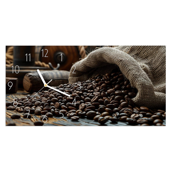 Wanduhr Kaffeebohnen Sack aus Glas – Querformat 60 × 30 cm mit Ziffernblatt Elegant