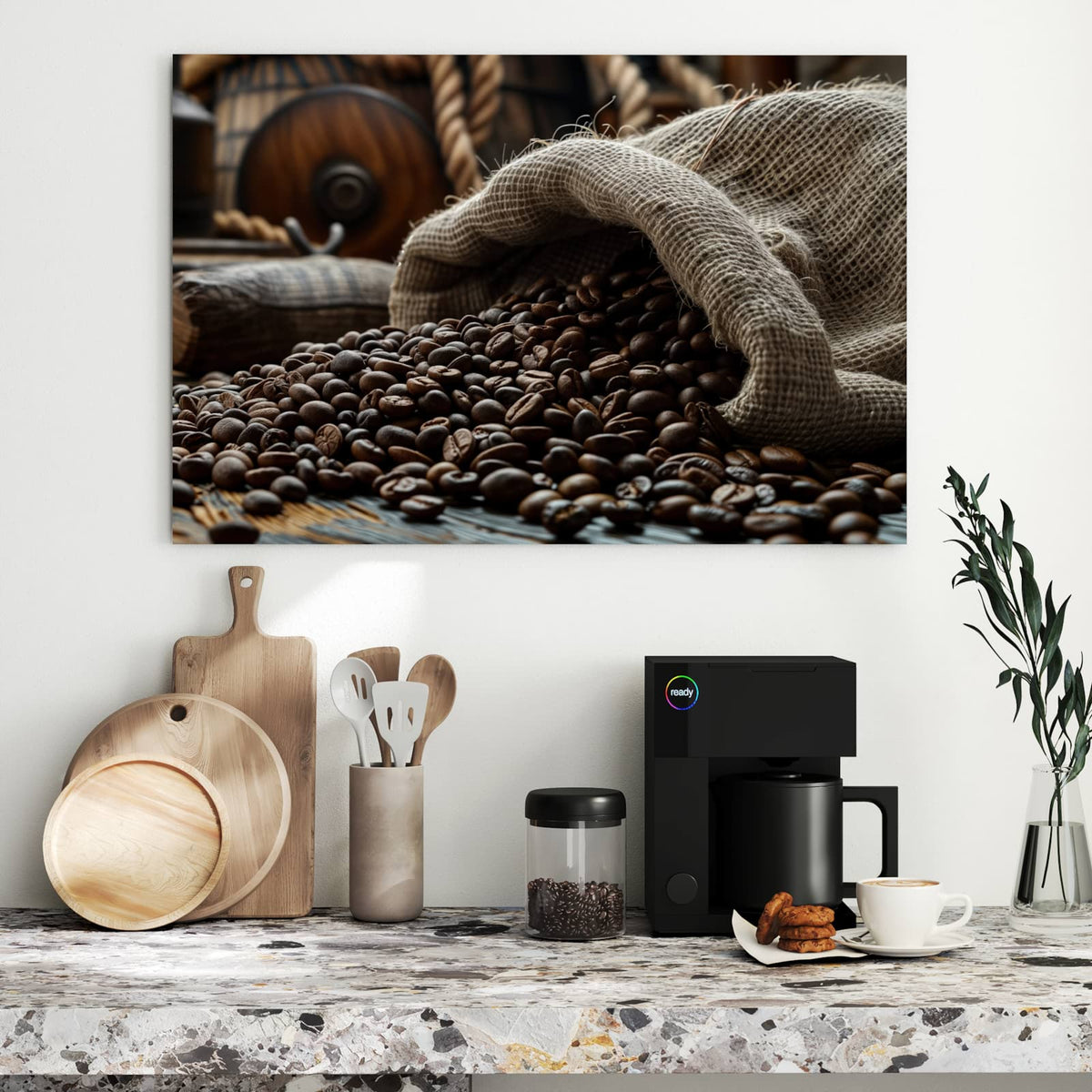 Metall Magnettafel - Kaffeesack mit Bohnen – Kaffeebohnen strömen aus Jutesack