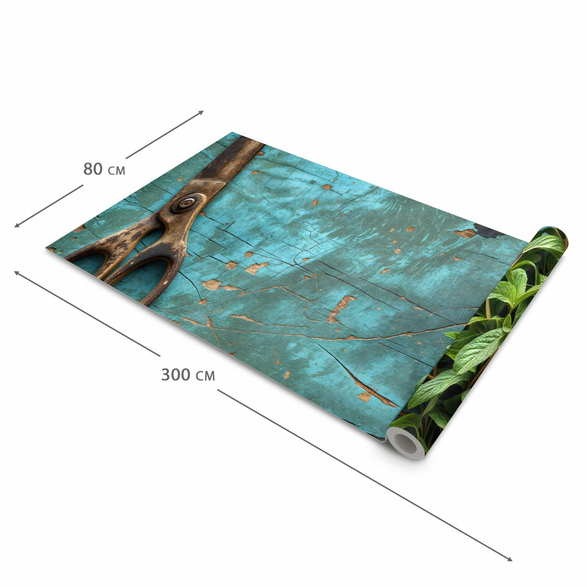 Rutschfester waschbarer Teppich fürs Esszimmer mit Motiv Alte Schereauf Holz in der Größe 60x300 cm