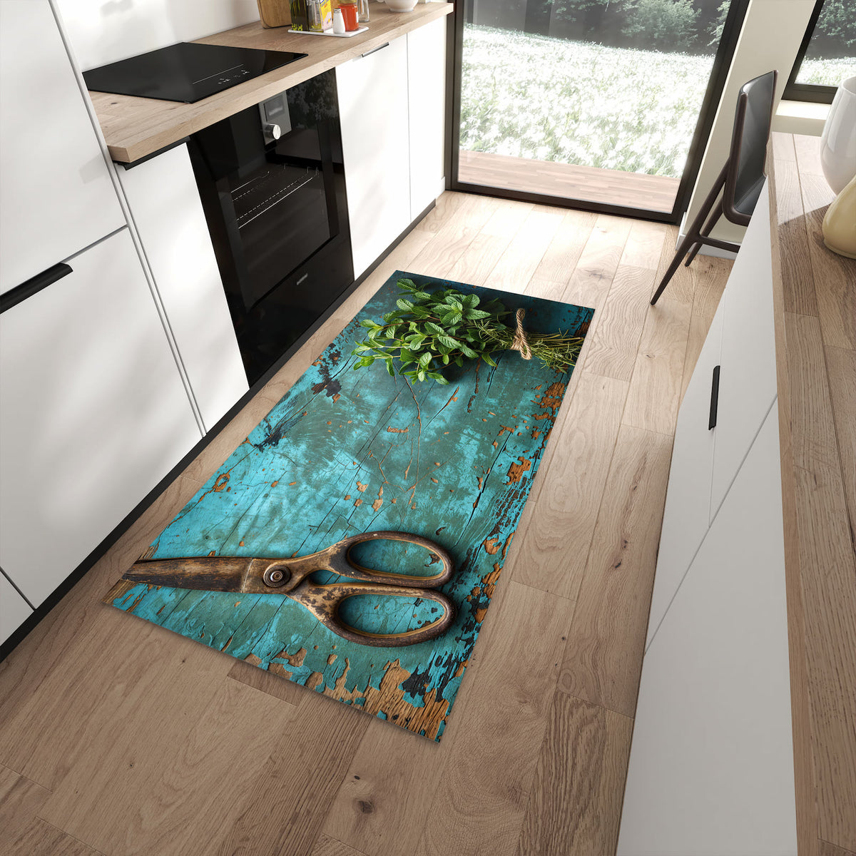 Rutschfester Küchenläufer mit Motiv Alte Schereauf Holz schützt Böden in moderner Küche