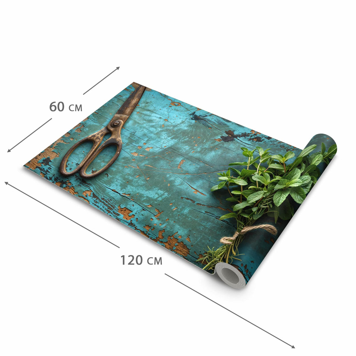 Flacher Küchenläufer mit Motiv Alte Schereauf Holz in der Grösse 60x270 cm