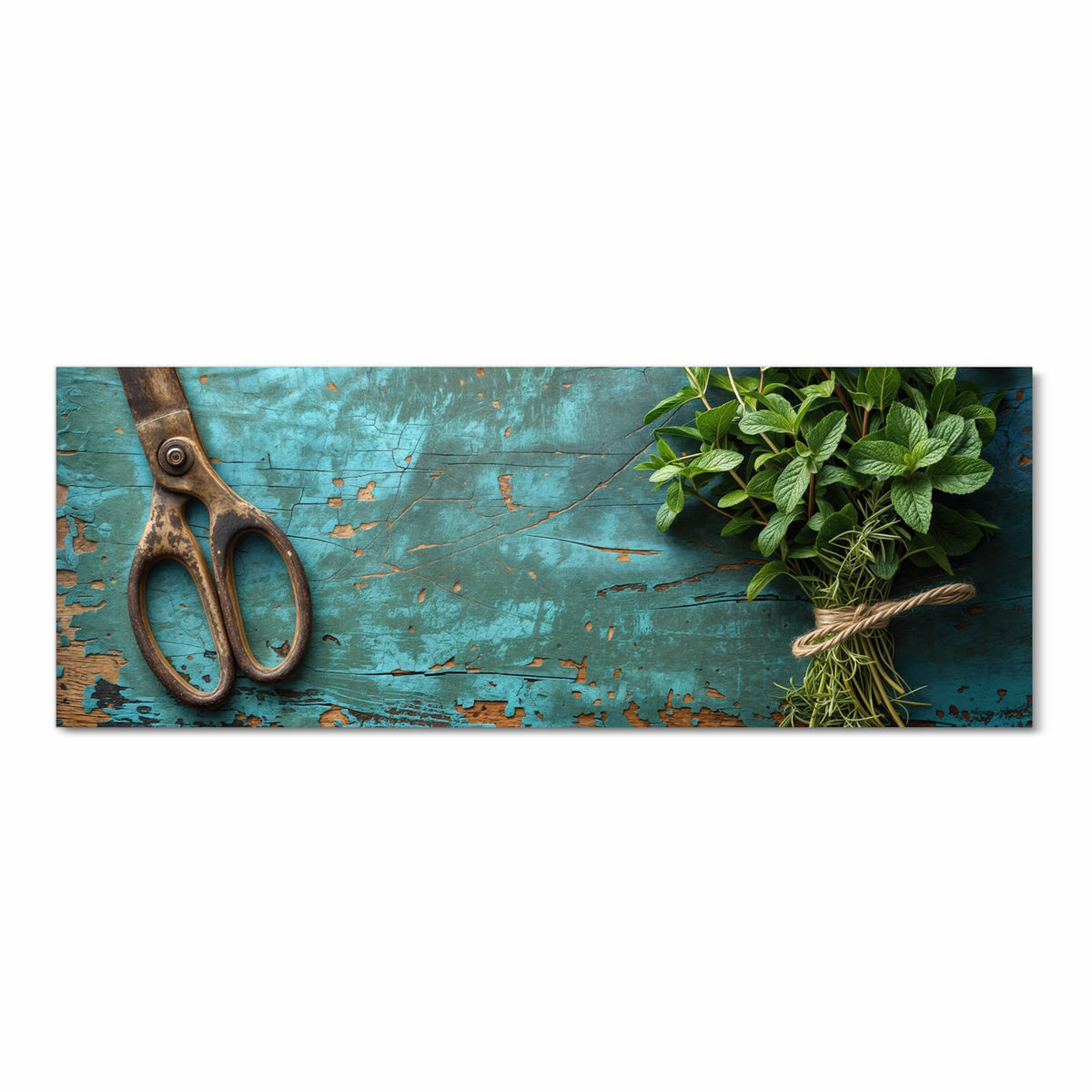 Hygienischer rutschfester Küchenläufer mit Motiv Alte Schereauf Holz in Frontansicht