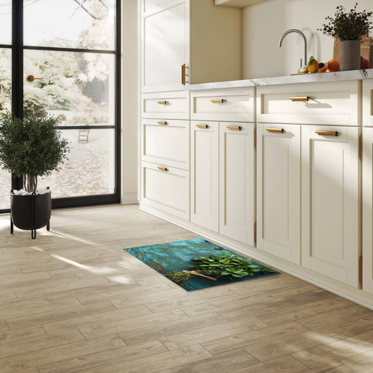 Waschbarer Küchenteppich mit Motiv Alte Schereauf Holz in heller Küche
