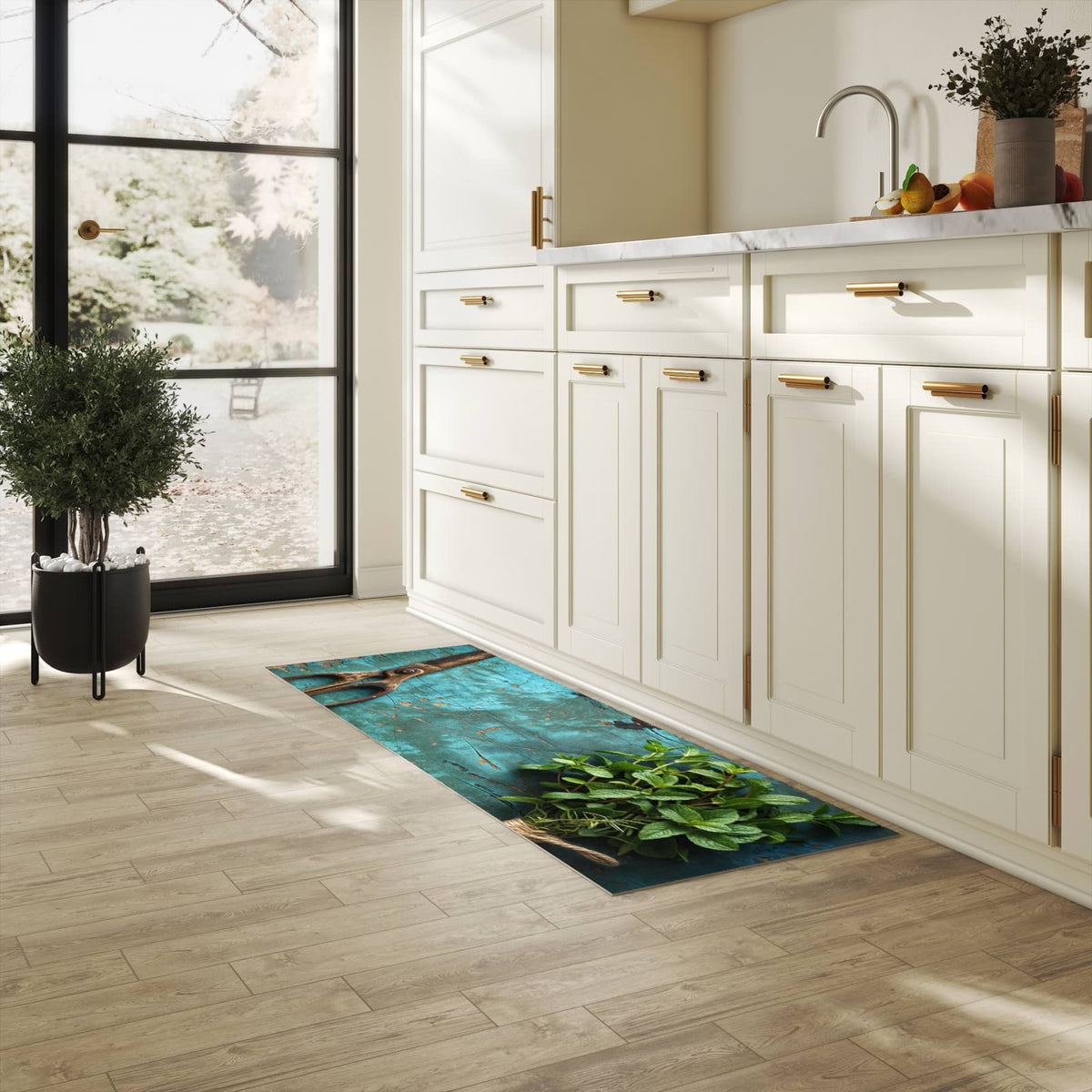 Abwaschbarer Küchenteppich mit Motiv Alte Schereauf Holz in heller Küche