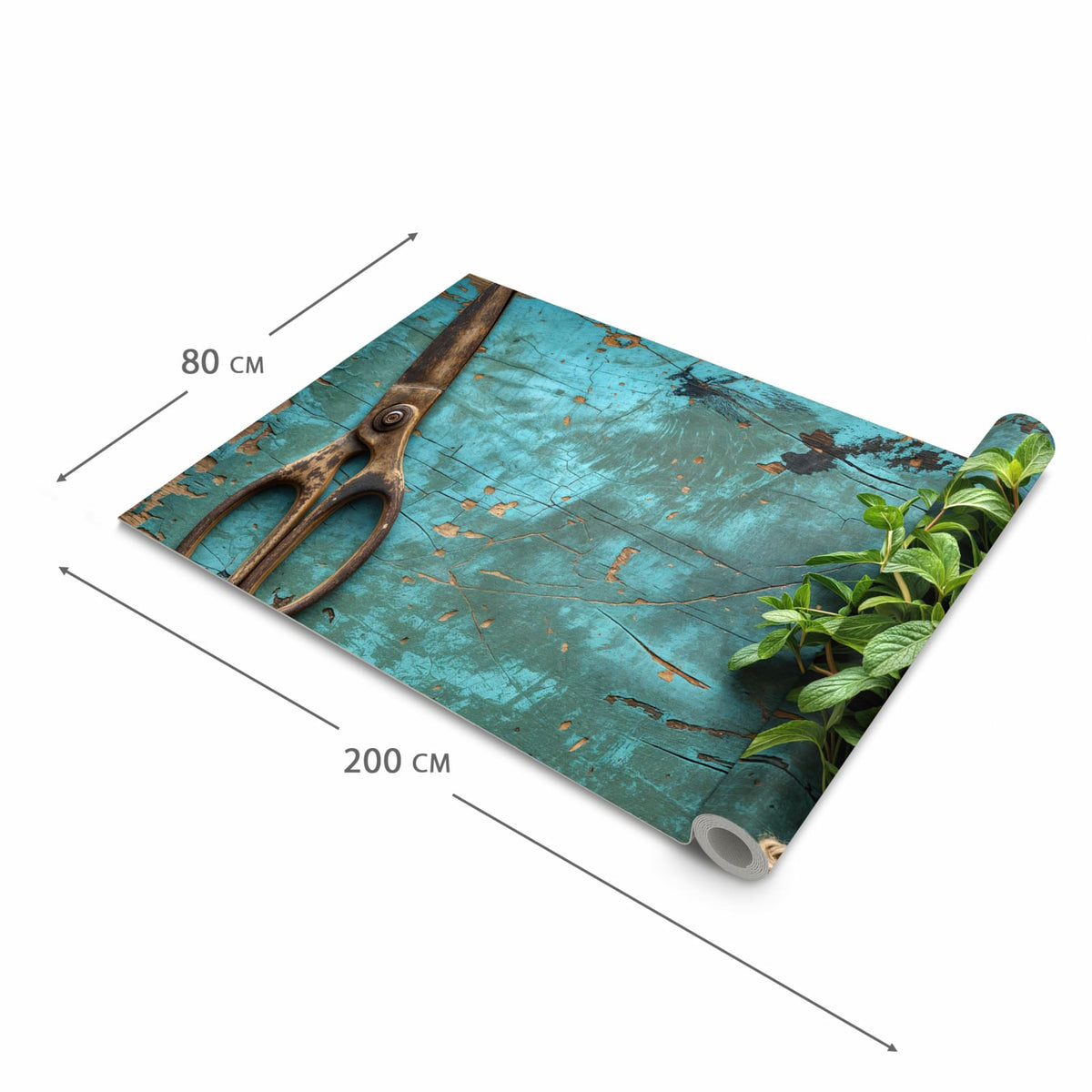 Strapazierfähiger dünner Teppich mit Motiv Alte Schereauf Holz in der Grösse 60x300 cm