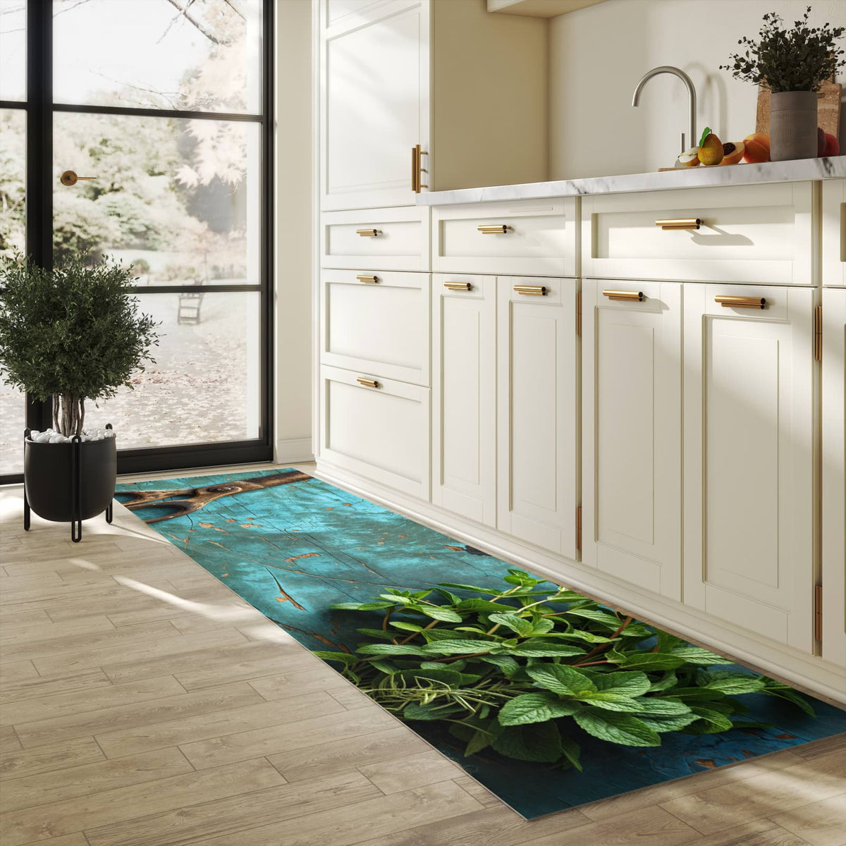 Bodenschonender Küchenteppich mit Motiv Alte Schereauf Holz in heller Küche