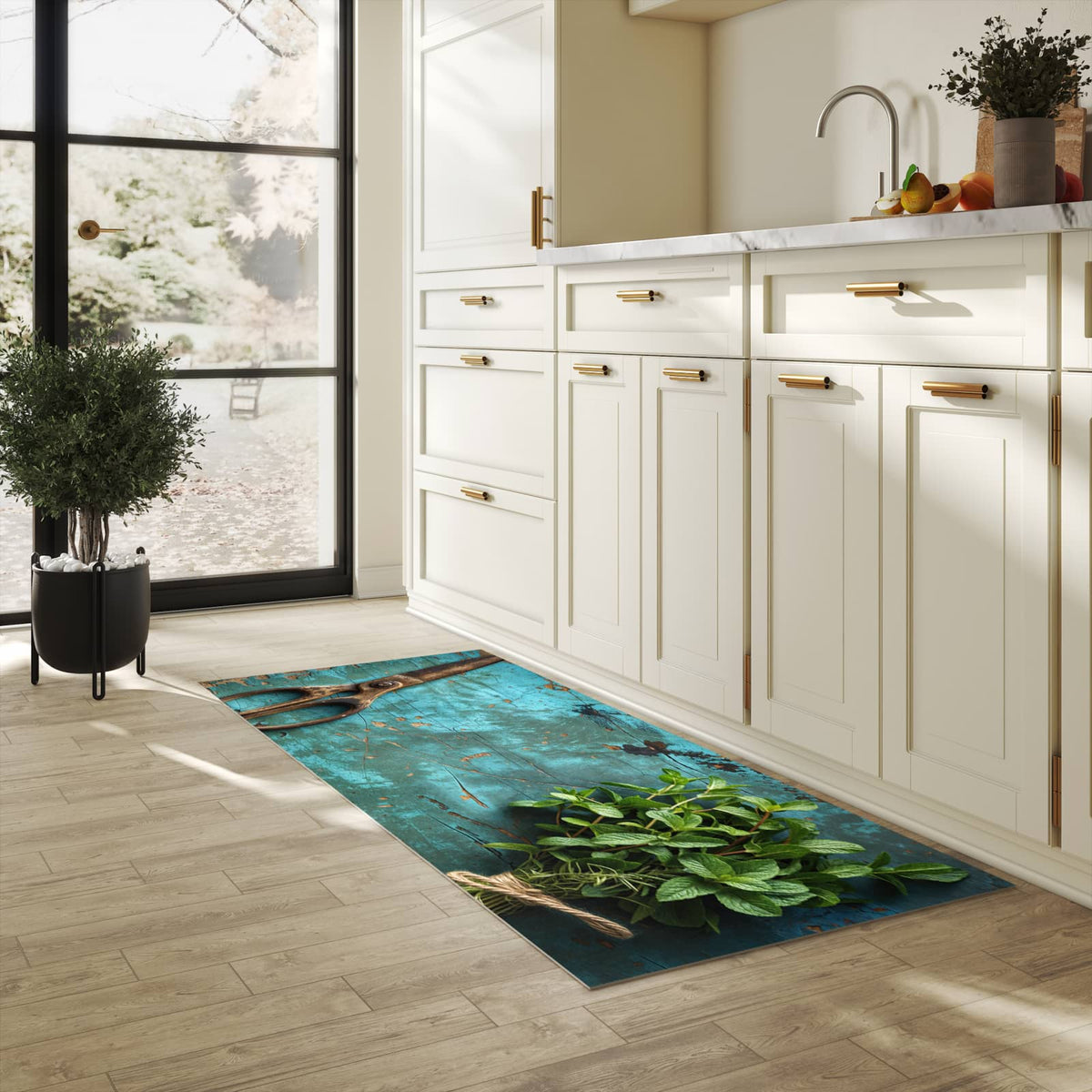 Langlebiger Teppich für die Küche mit Motiv Alte Schereauf Holz in heller Küche