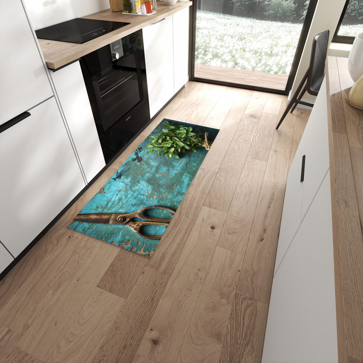 Komfortabler rutschfester Küchenteppich mit Motiv Alte Schereauf Holz in moderner Küche #grösse_60 x 150 cm