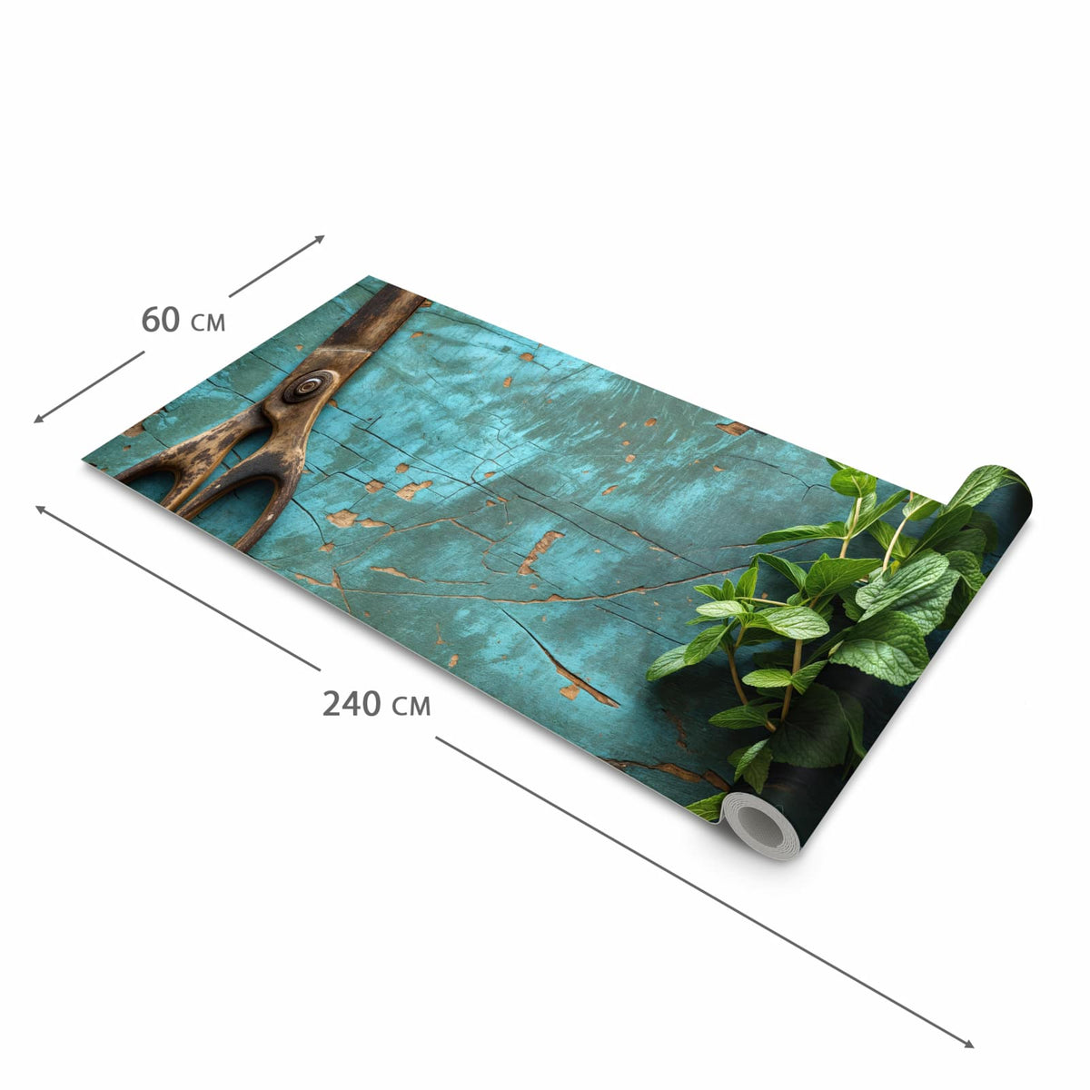 Rutschhemmender waschbarer Küchenläufer mit Motiv Alte Schereauf Holz in der Größe 60x270 cm