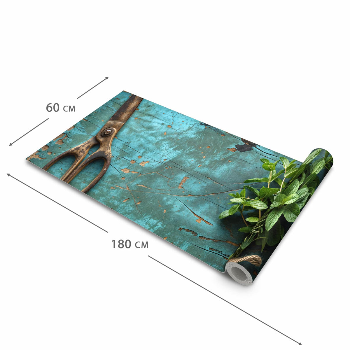 Komfortabler waschbarer Läufer für die Küche mit Motiv Alte Schereauf Holz in der Grösse 60x270 cm