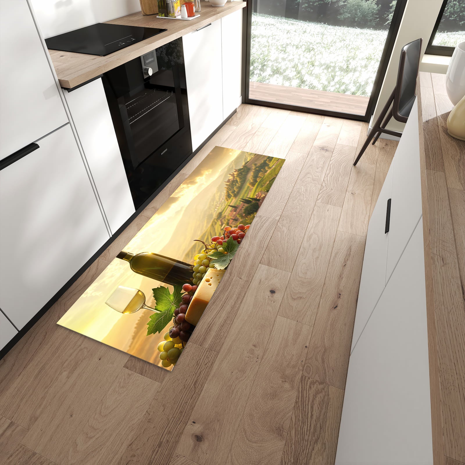 Zeitsparender rutschfester Läufer mit Motiv Weinland Idylle in moderner Küche