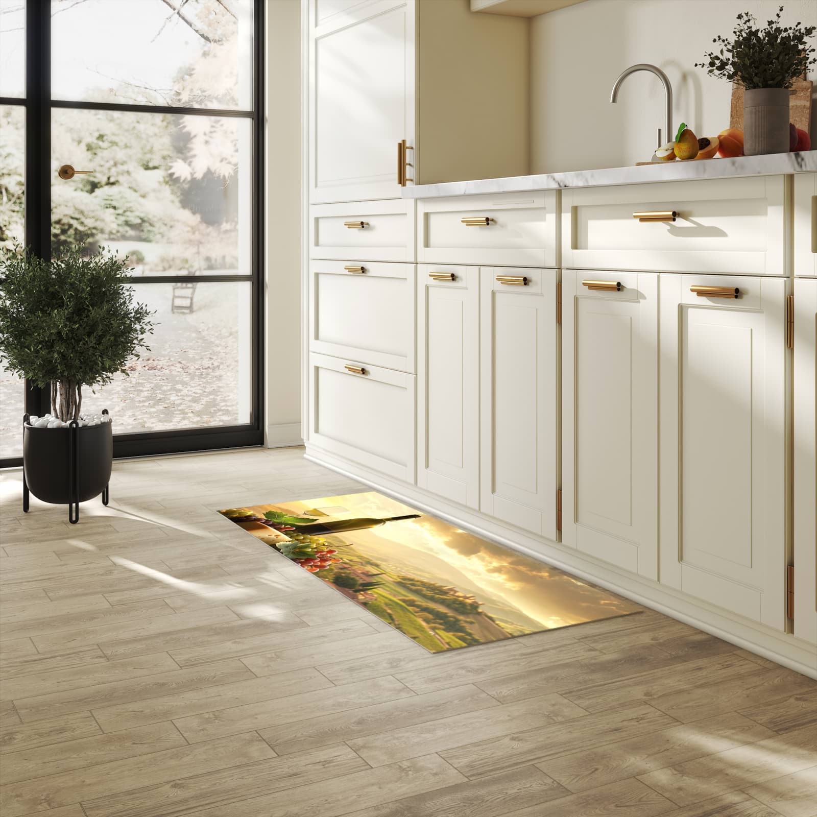 Zeitsparender waschbarer Küchenteppich mit Motiv Weinland Idylle in heller Küche