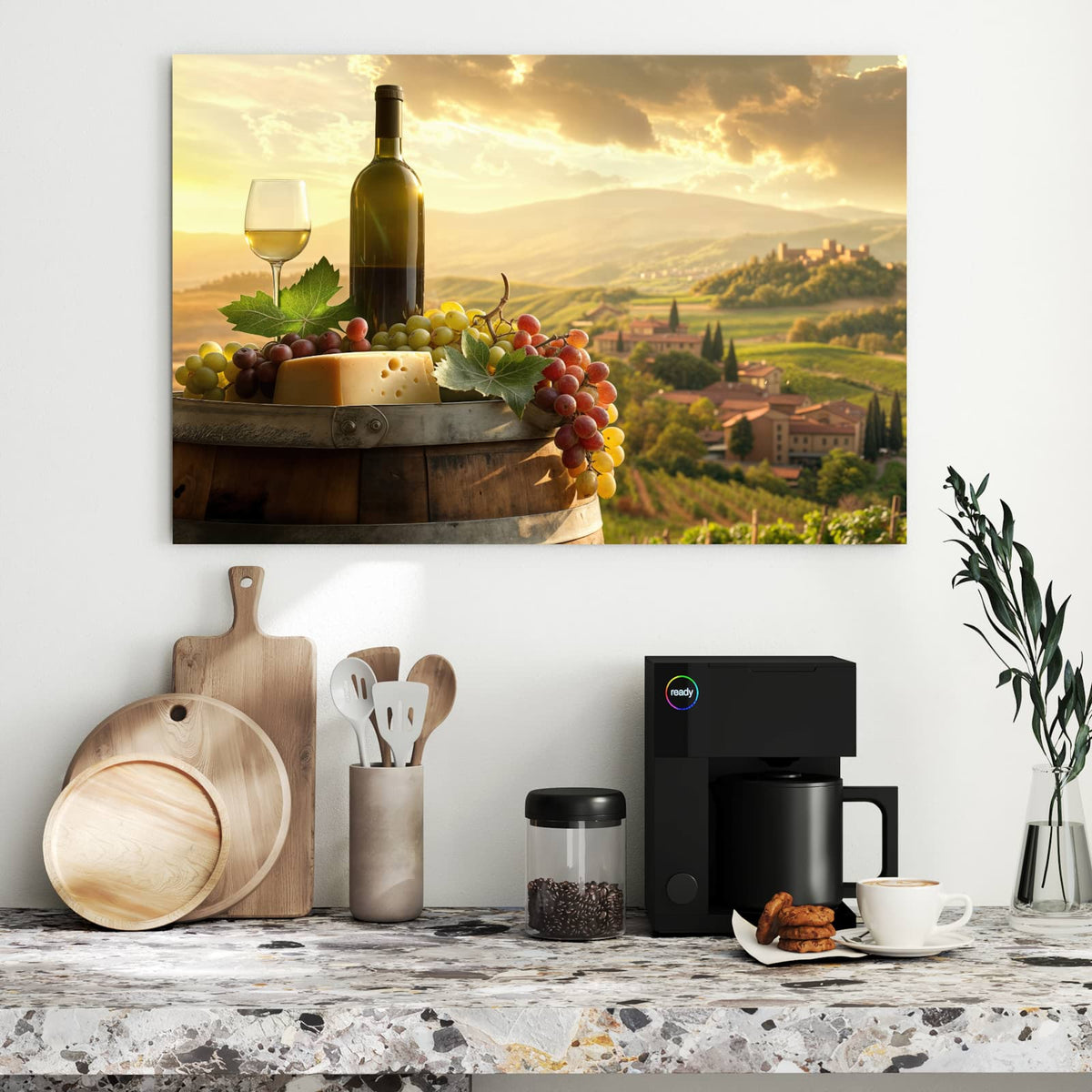Metall Magnettafel - Wein und Käse – Wein und Käse vor Weinbergen