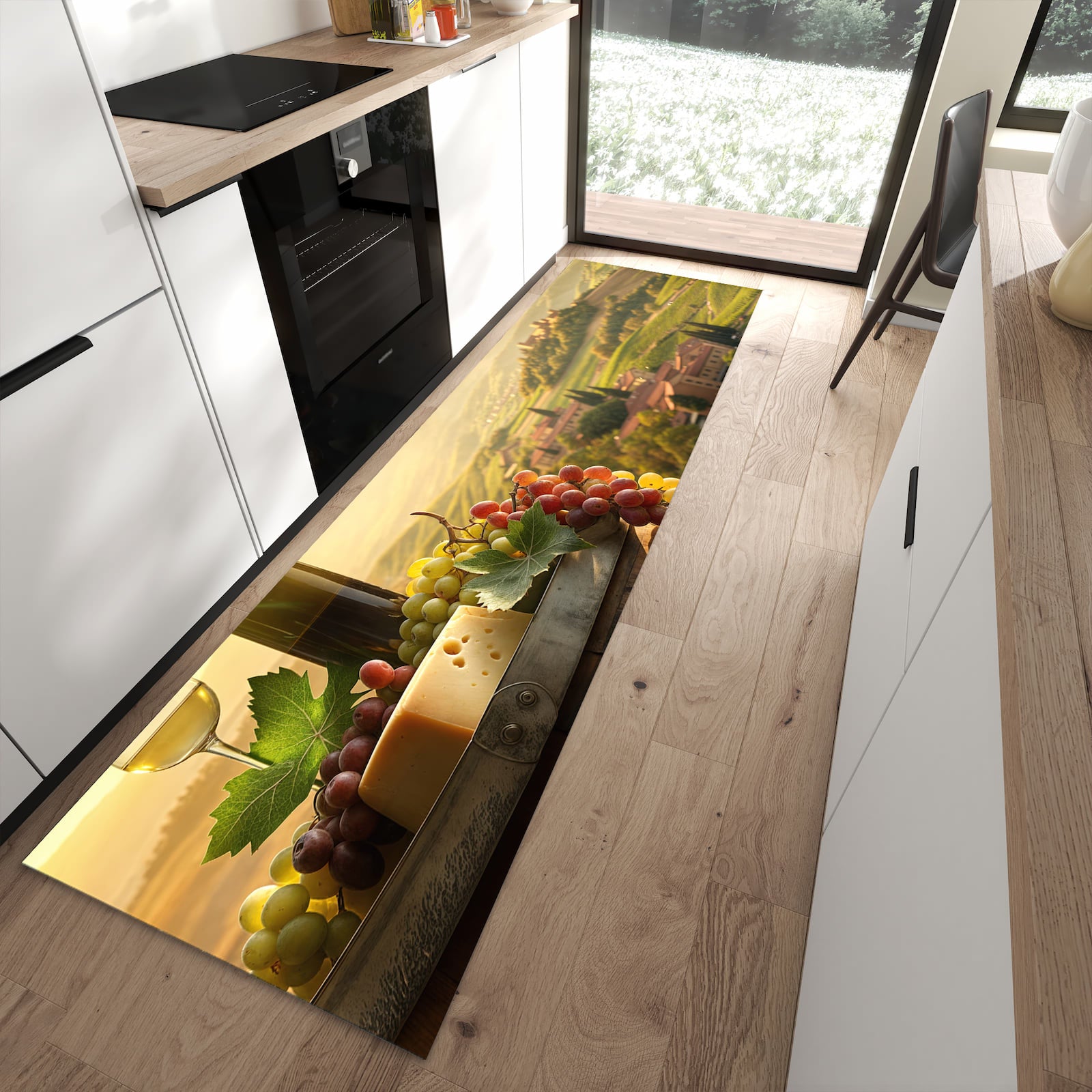 Schmutzabweisender Bodenläufer mit Motiv Weinland Idylle in moderner Küche