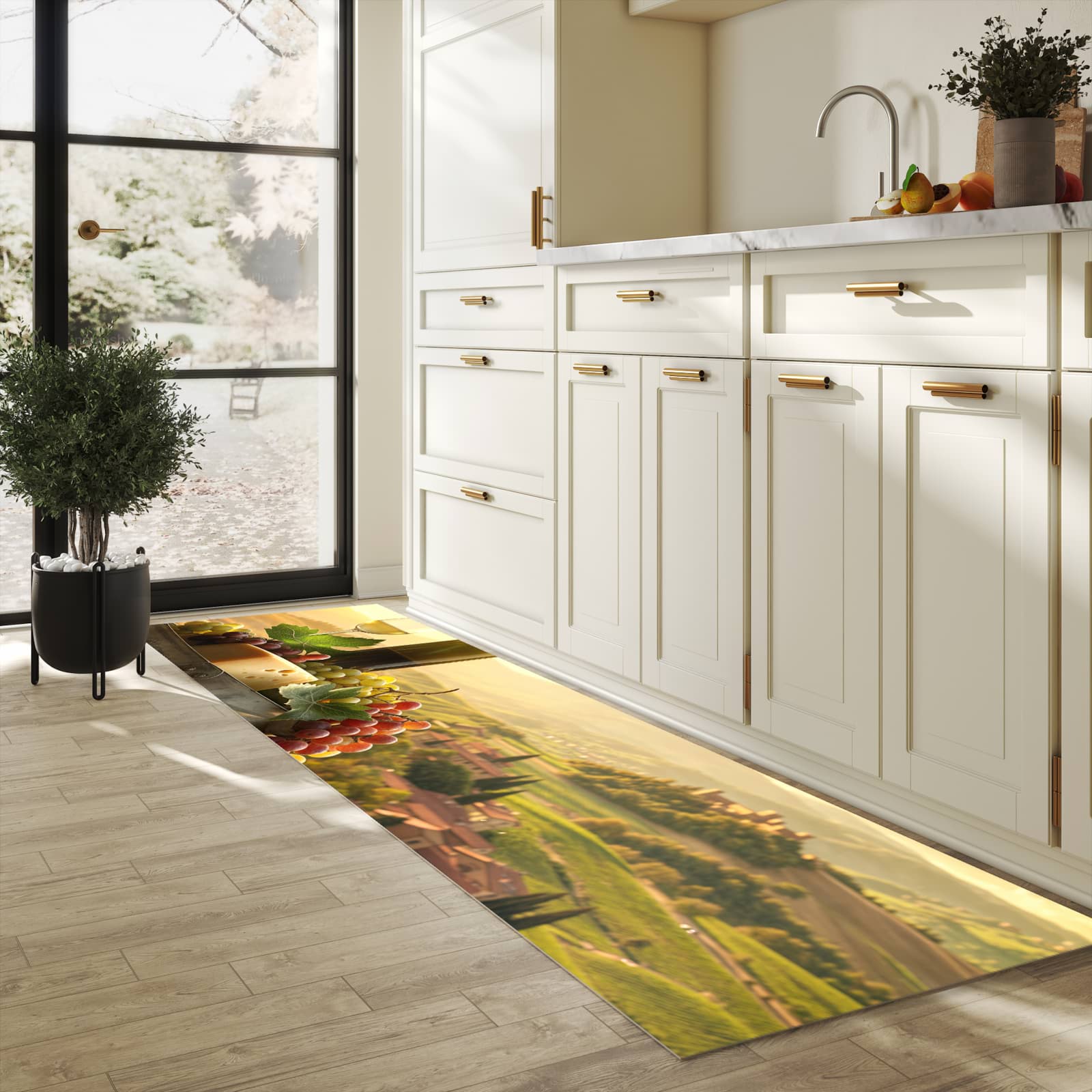 Langlebiger Küchenläufer mit Motiv Weinland Idylle in heller Küche