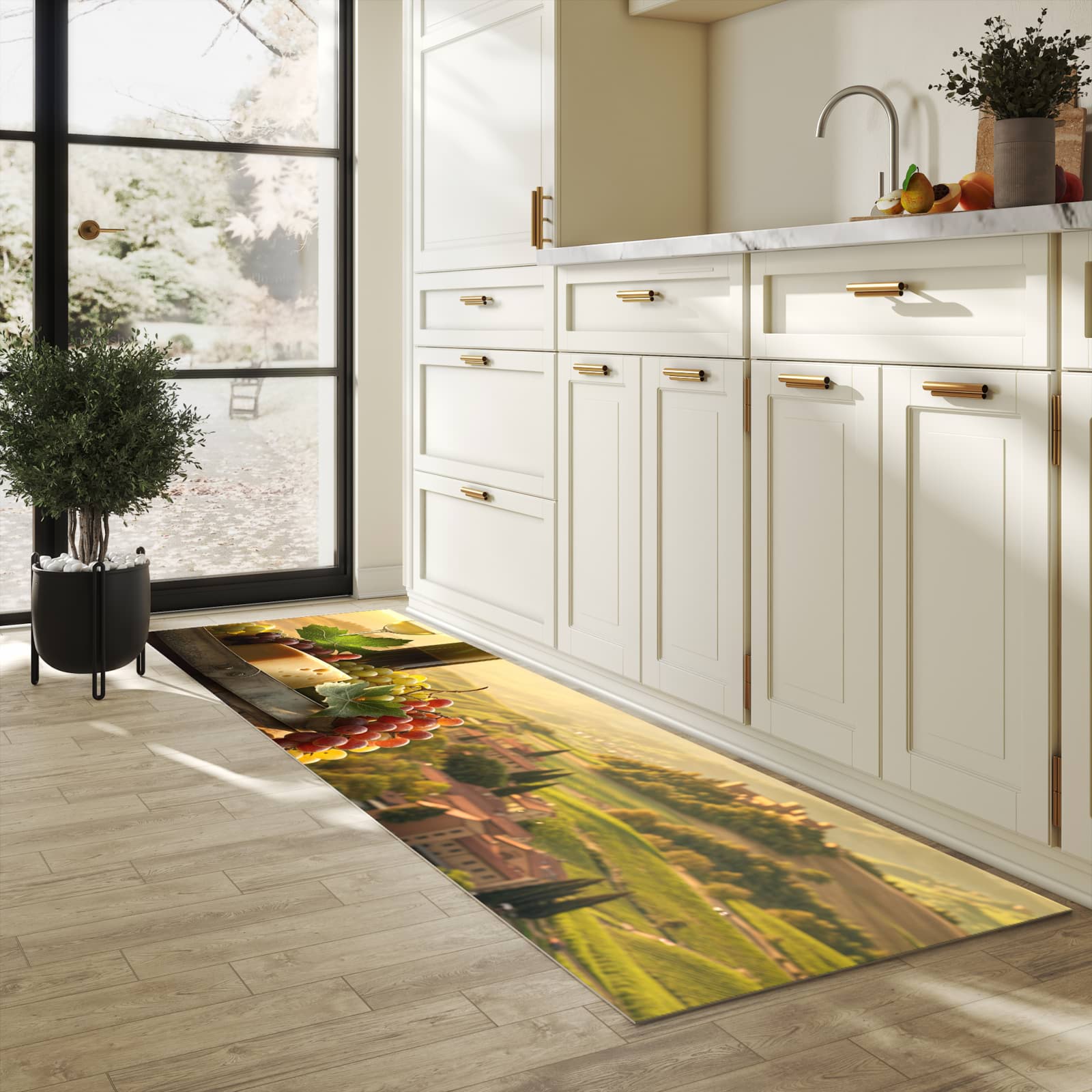 Geruchsneutraler rutschfester Küchenläufer mit Motiv Weinland Idylle in heller Küche