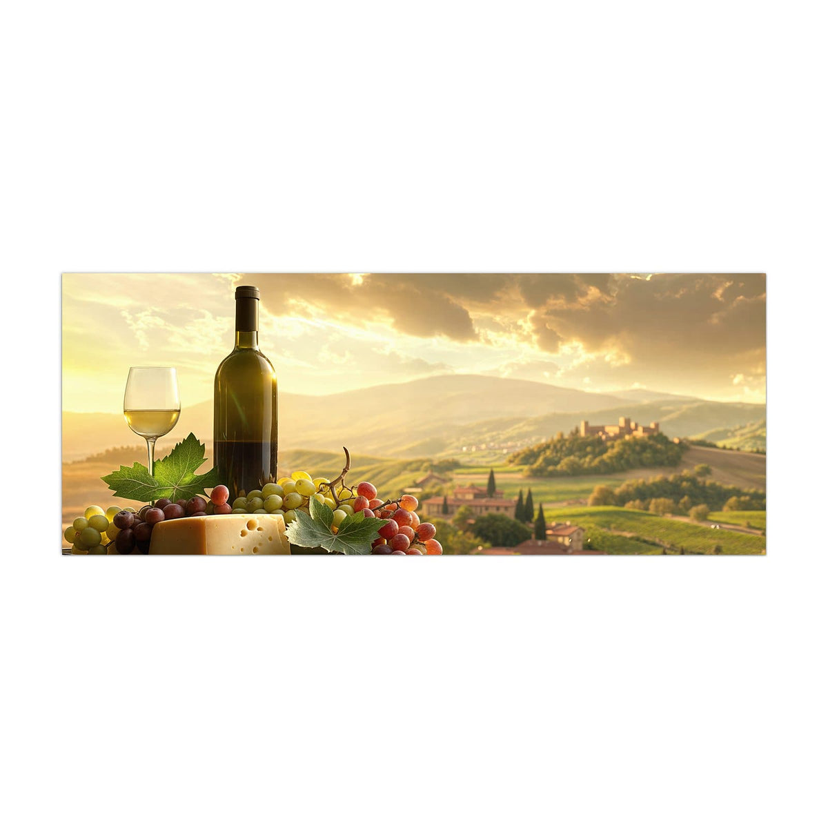 Küchenrückwand aus Glas Wein und Käse im Hochformat, Motiv bildfüllend von vorn