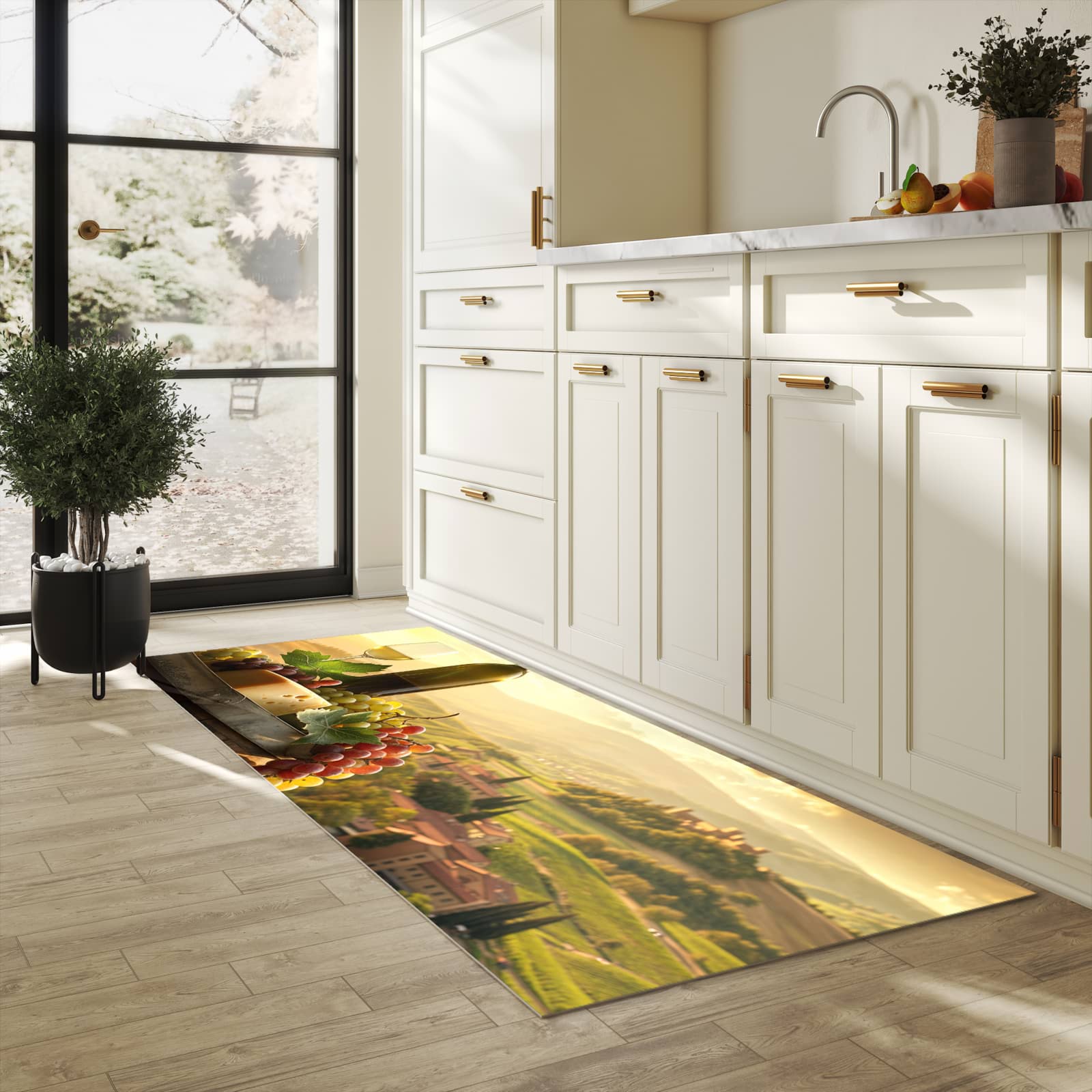 Pflegeleichter waschbarer Küchenläufer mit Motiv Weinland Idylle in heller Küche