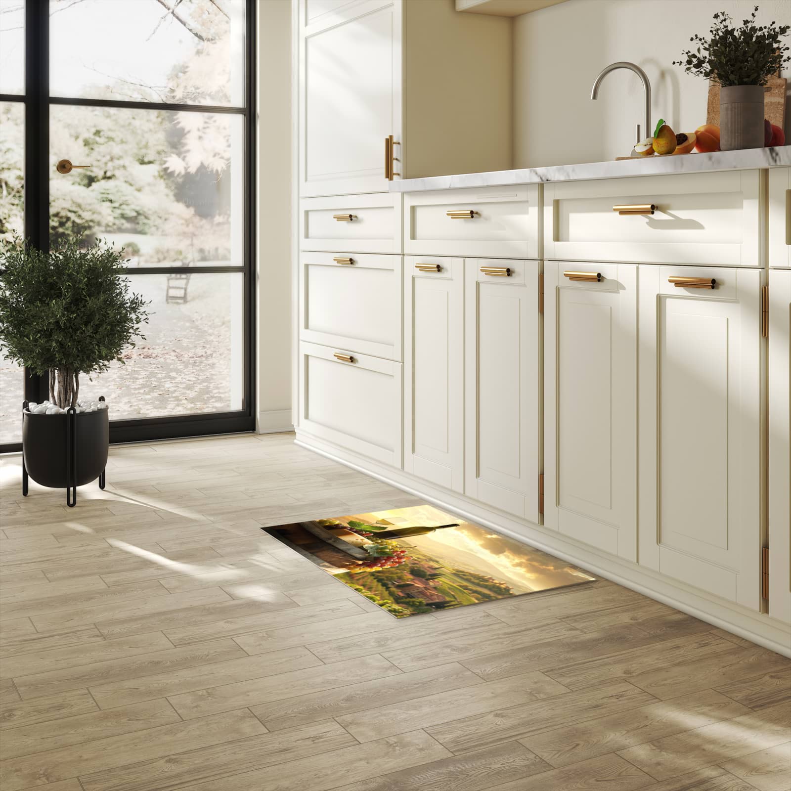 Wasserabweisender rutschfester Küchenläufer mit Motiv Weinland Idylle in heller Küche