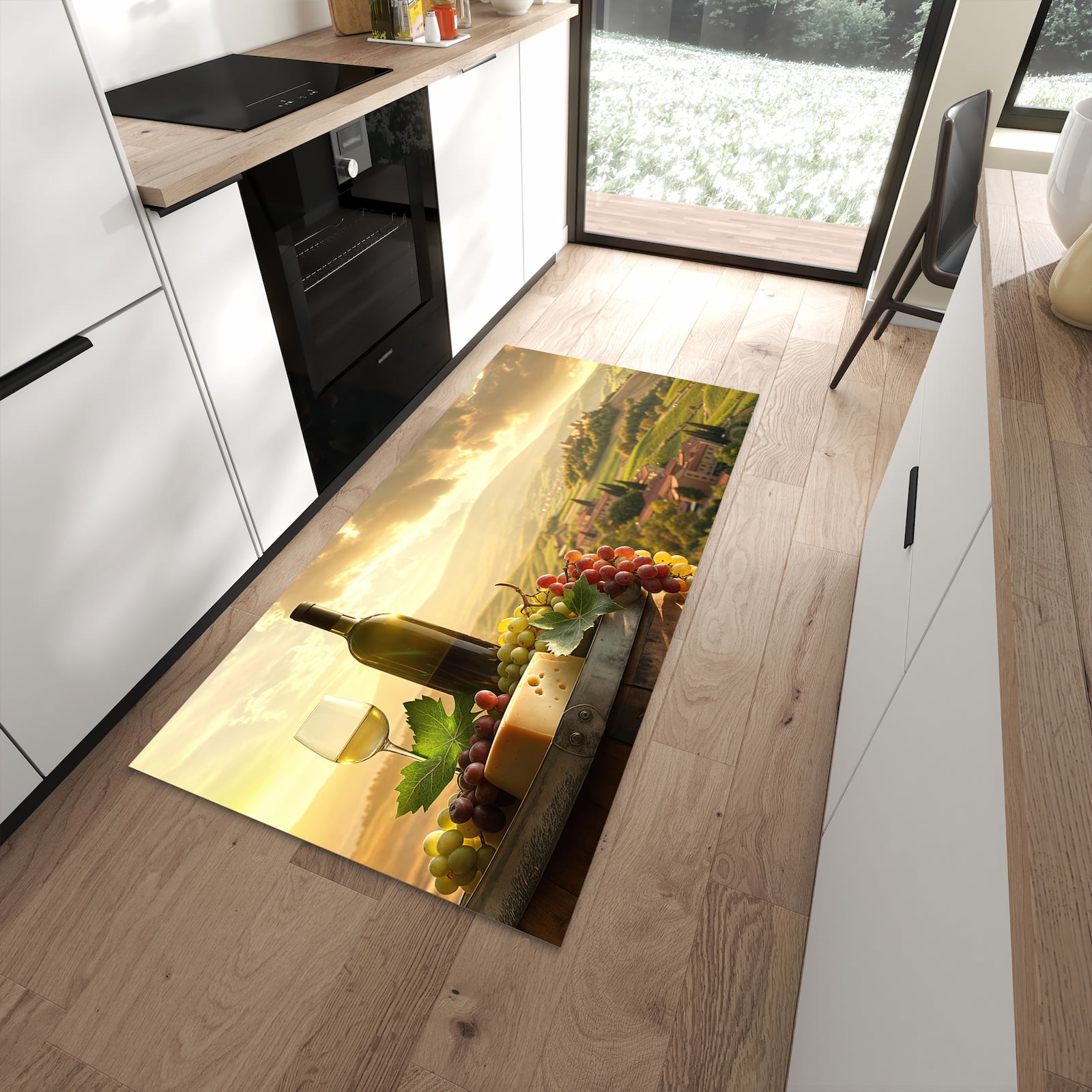 Langlebiger Küchenteppich mit Motiv Weinland Idylle in moderner Küche