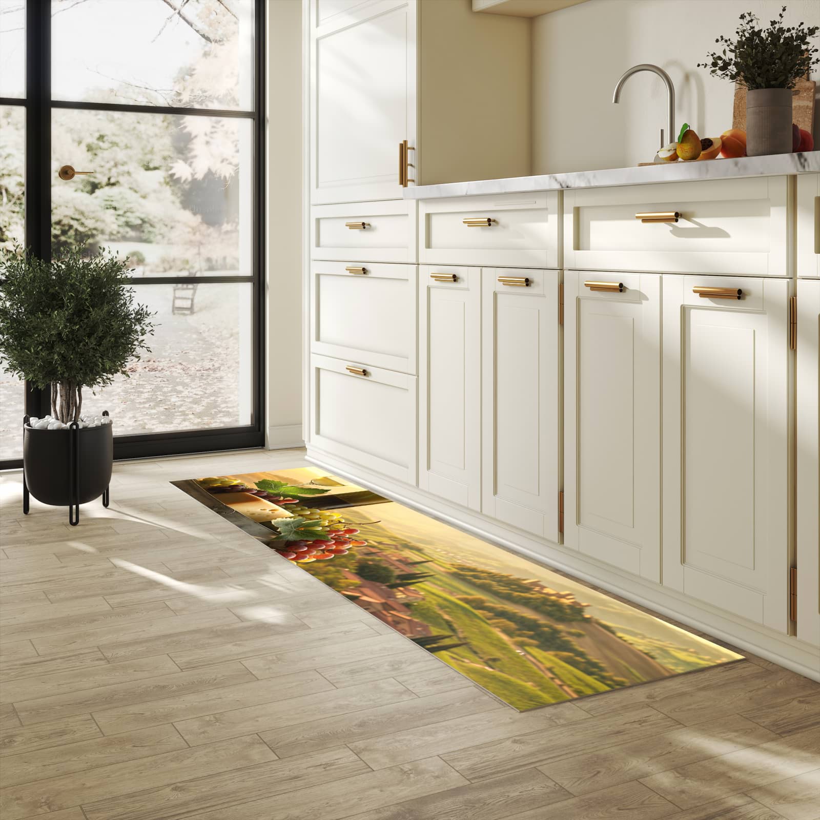 Abriebfester Küchenläufer mit Motiv Weinland Idylle in heller Küche