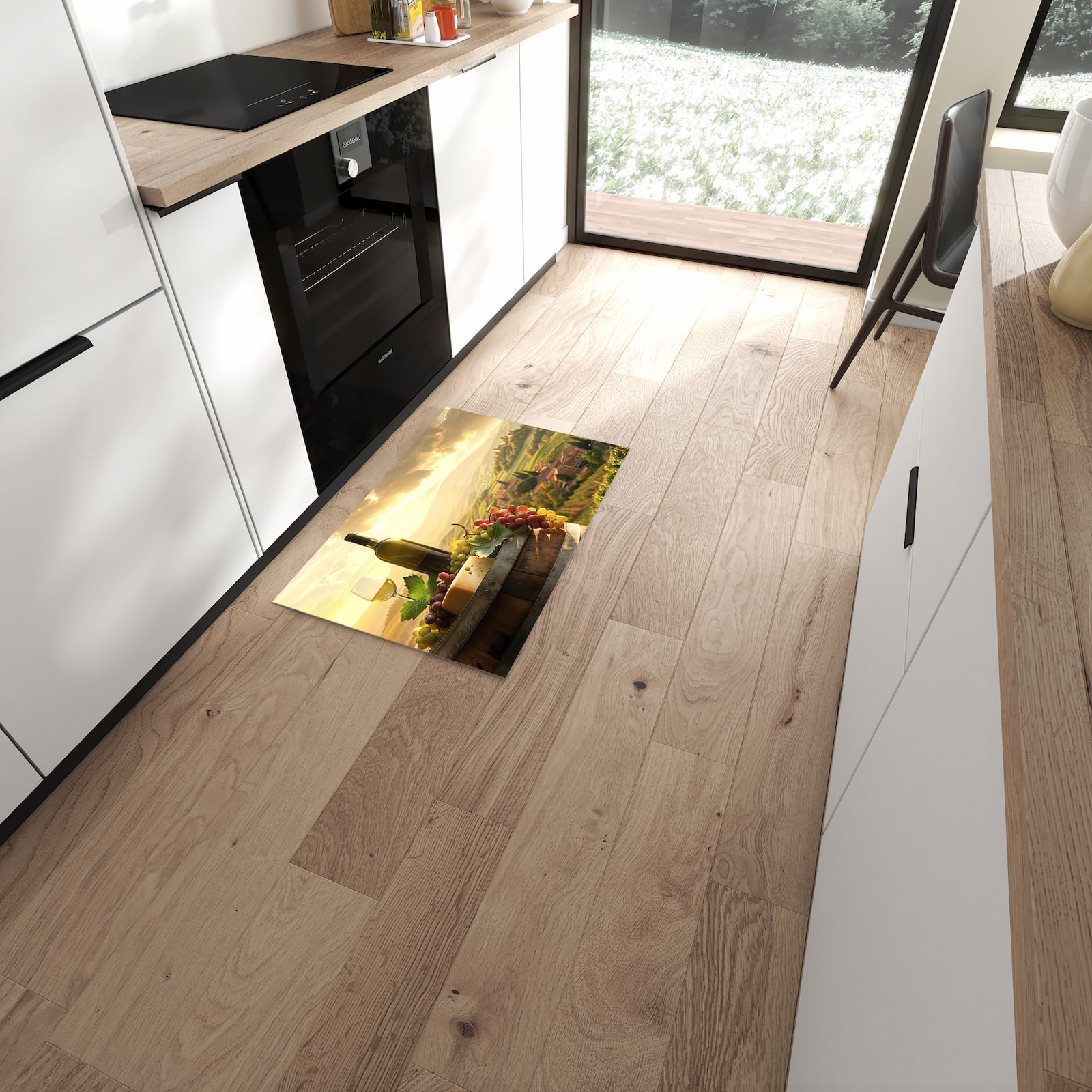 Küchenteppich mit Motiv Weinland Idylle für Trittkomfort in moderner Küche, waschbar