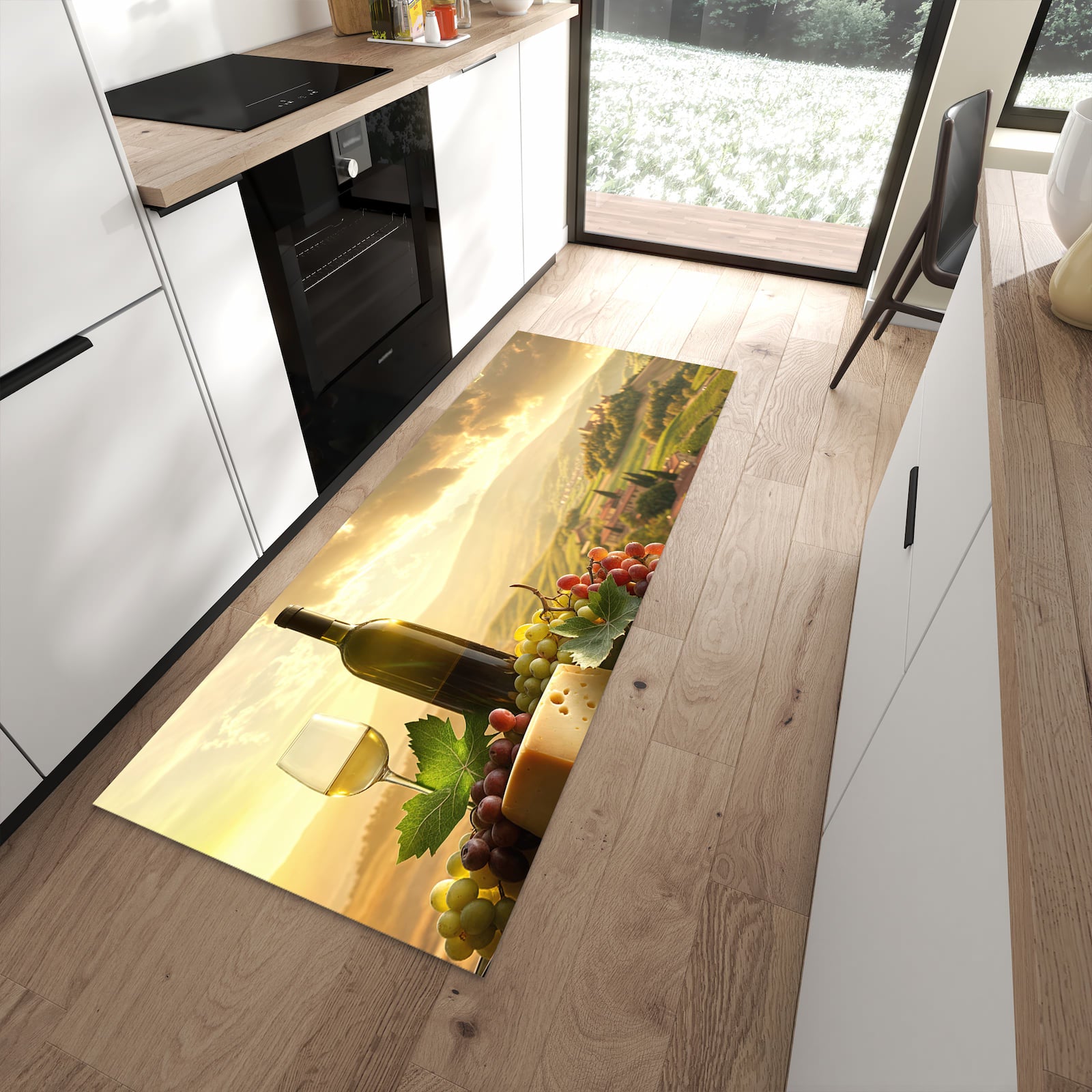 Wasserabweisender Teppich für Esstisch mit Motiv Weinland Idylle in moderner Küche