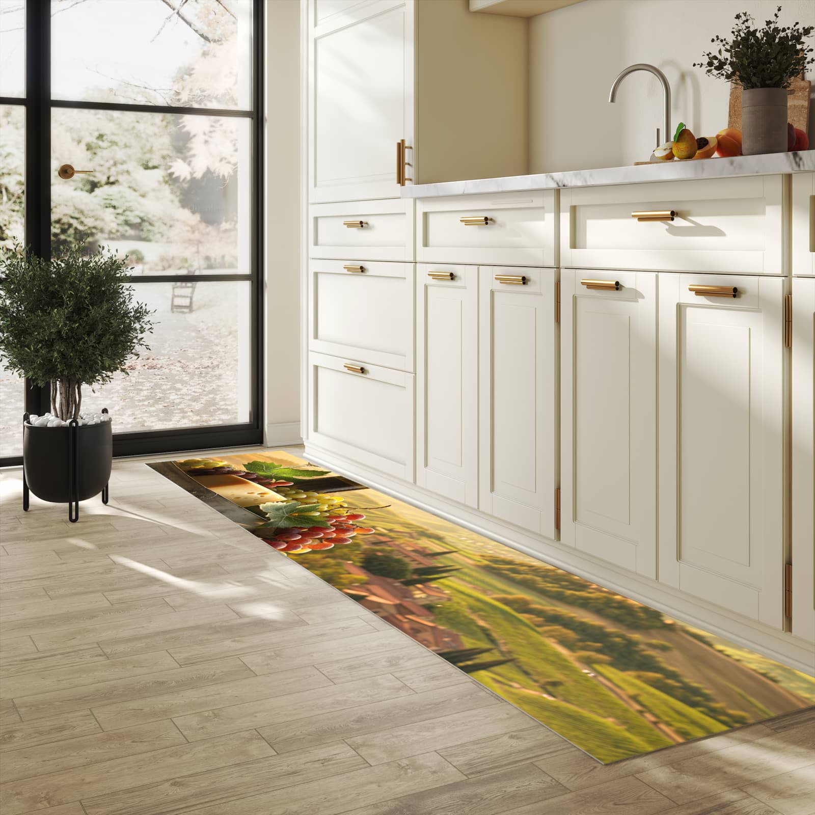 Rutschfester Küchenläufer mit Motiv Weinland Idylle für Trittkomfort in heller Küche