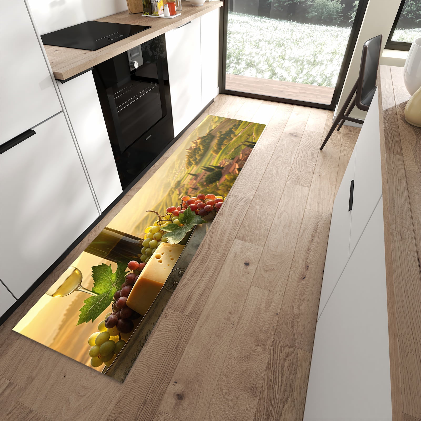 Geräuschdämpfender dünner Teppich mit Motiv Weinland Idylle in moderner Küche