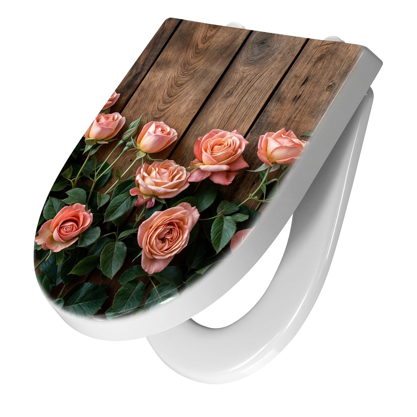 WC-Sitz mit Absenkautomatik Rosen Holzhintergrund
