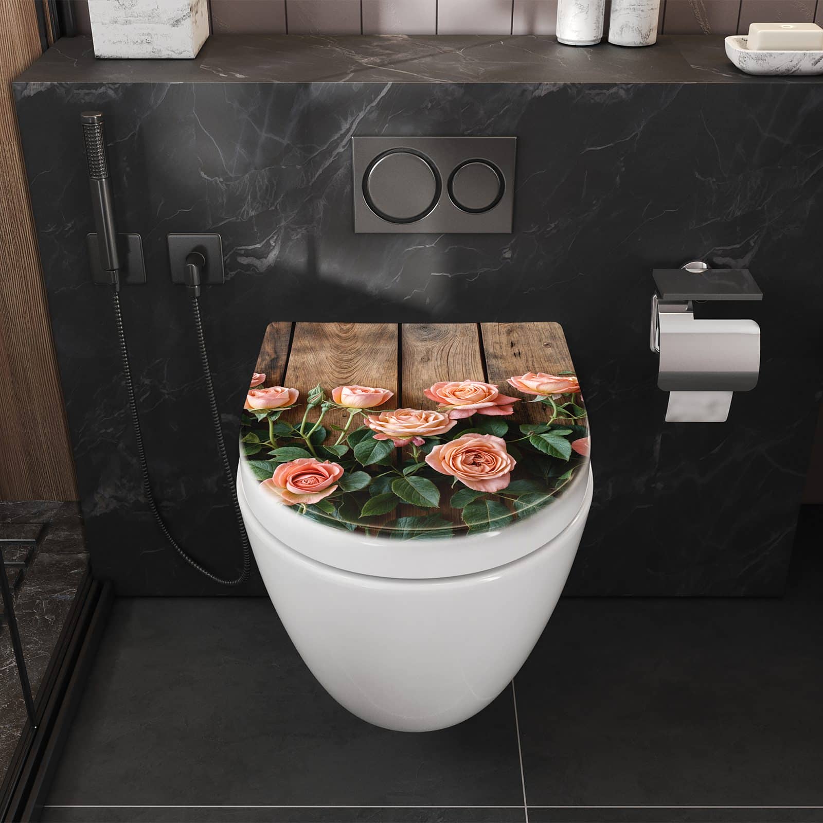 WC-Sitz mit Absenkautomatik Rosen Holzhintergrund