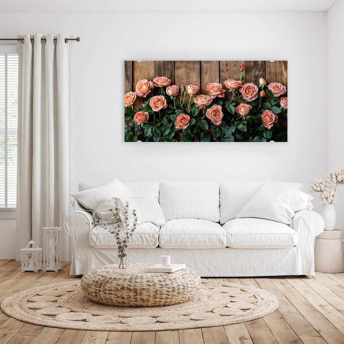 Wandbild - Rosen vor Holzwand - Querformat – Apricotfarbene Rosen vor Altholz