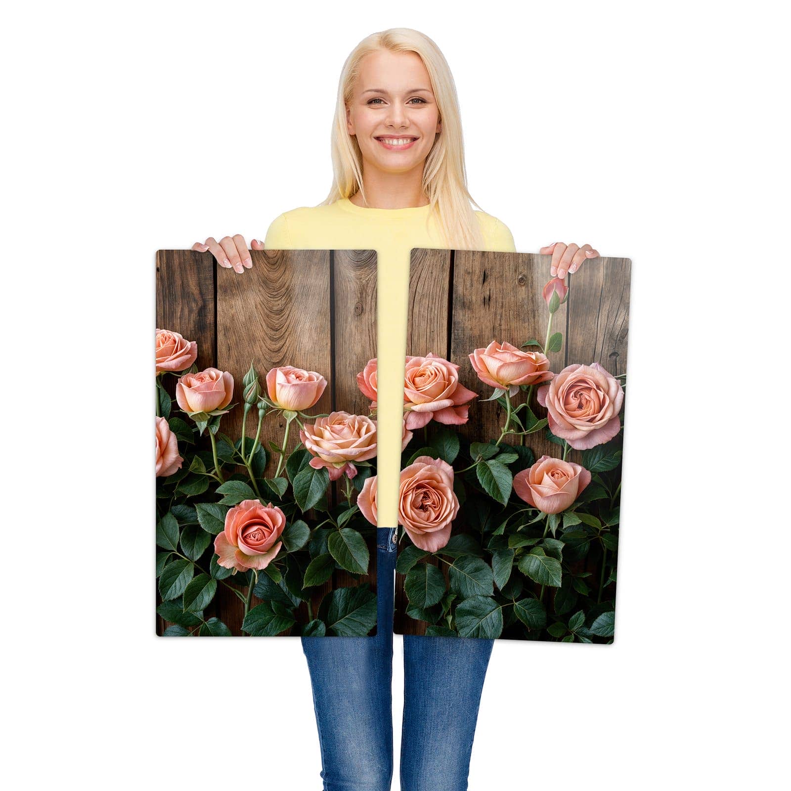 2-teilige Glasplatte für Herd mit Rosen Holzhintergrund-Motiv wird zur Größendarstellung gehalten