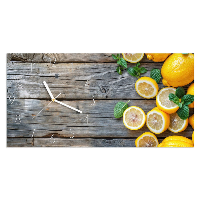 Wanduhr Lemon Fresh aus Glas – Querformat 60 × 30 cm mit Ziffernblatt Elegant