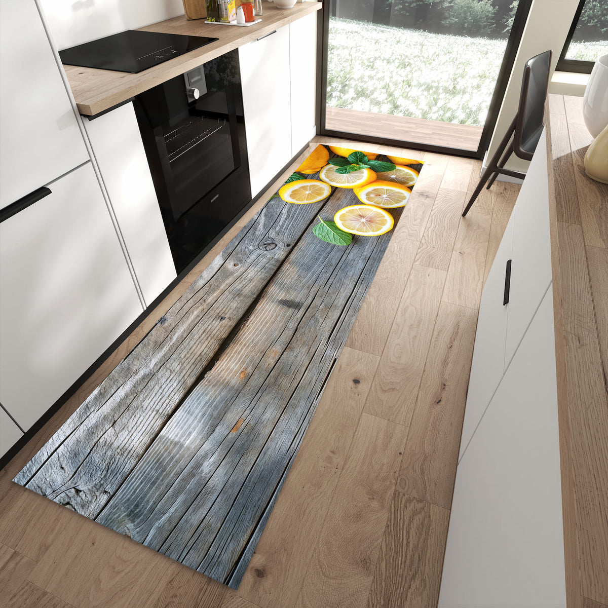 Langlebiger Küchenteppich mit Motiv Lemon Fresh in moderner Küche