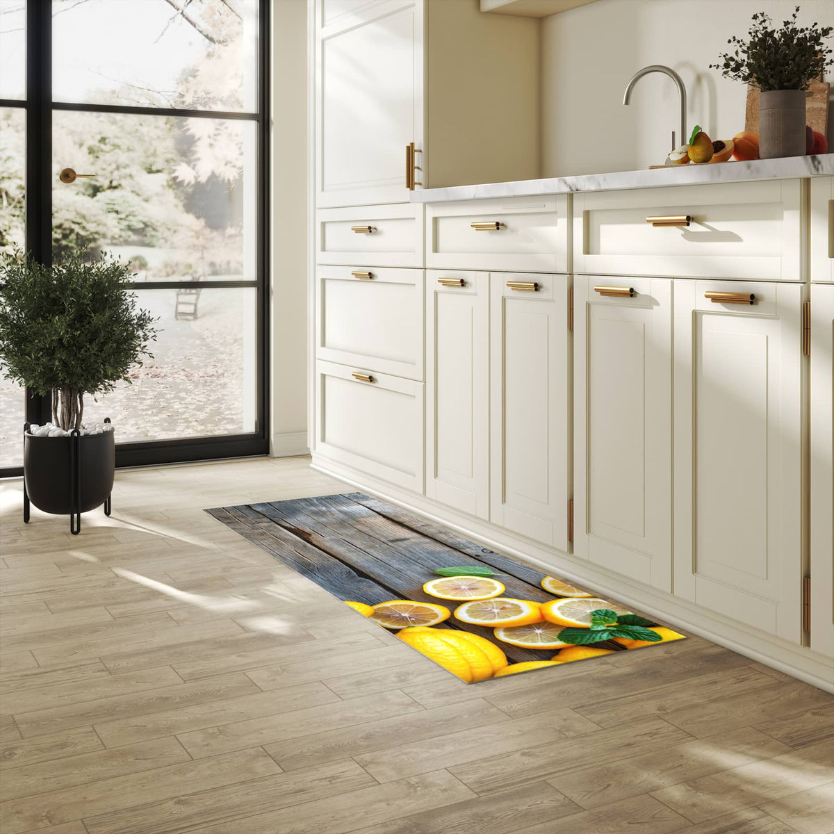 UV-beständiger Küchenläufer mit Motiv Lemon Fresh in heller Küche