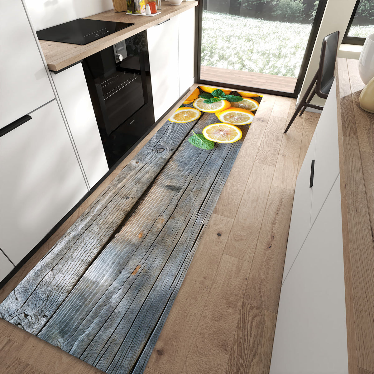 Flacher Küchenteppich mit Motiv Lemon Fresh in moderner Küche