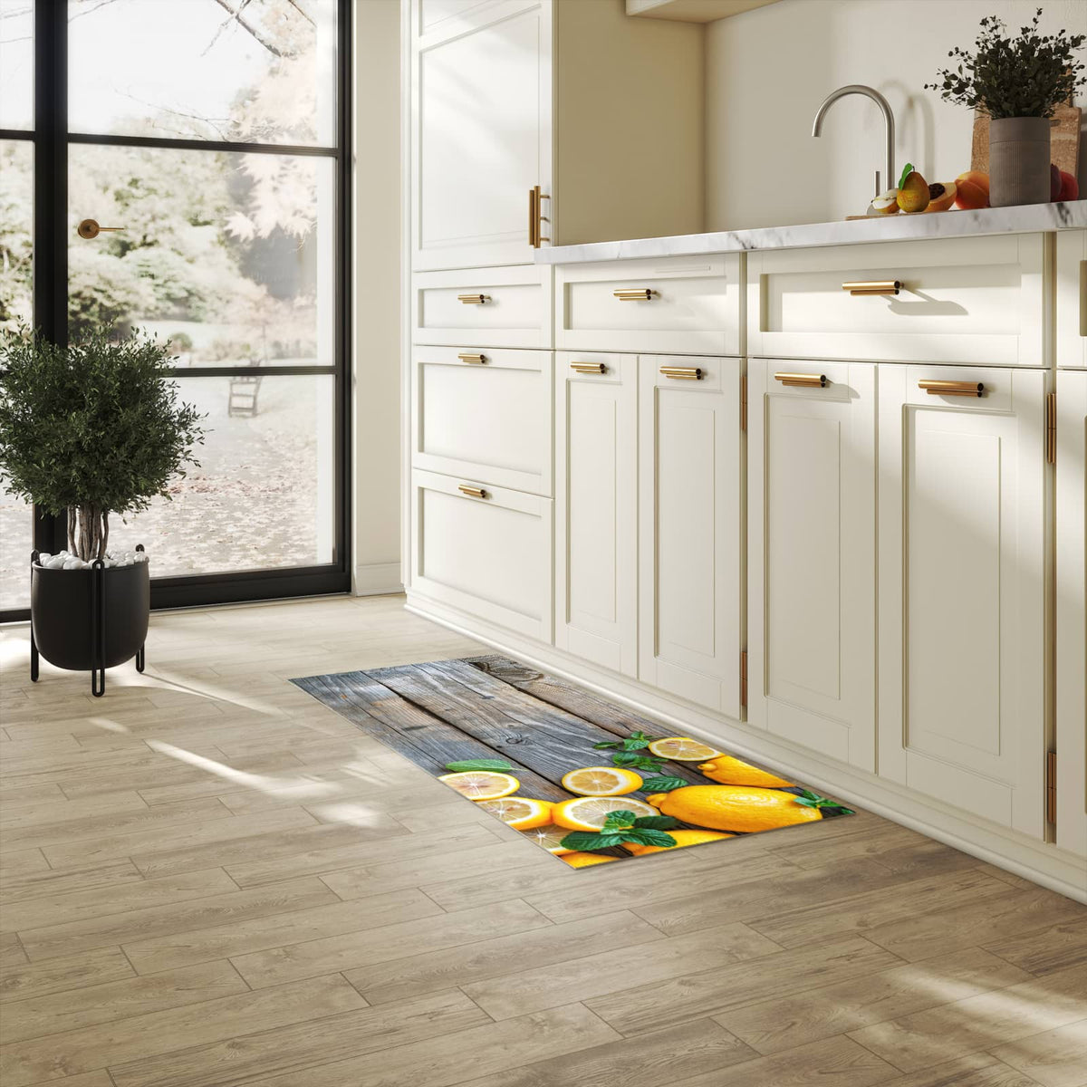 Abriebfester waschbarer Teppich Küche mit Motiv Lemon Fresh in heller Küche