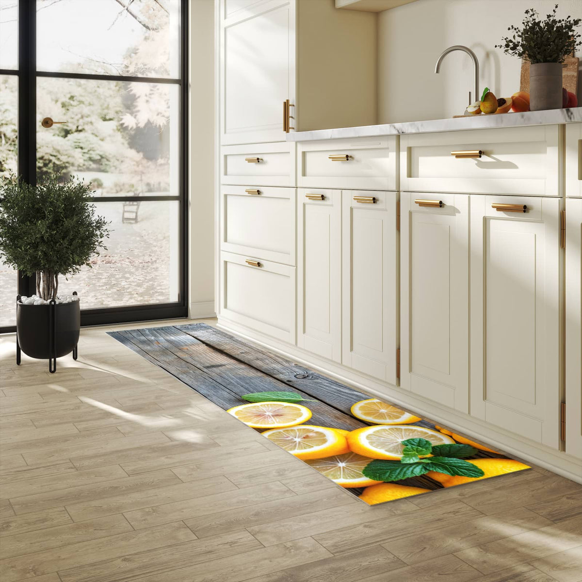 Wasserabweisender Teppichläufer mit Motiv Lemon Fresh in heller Küche
