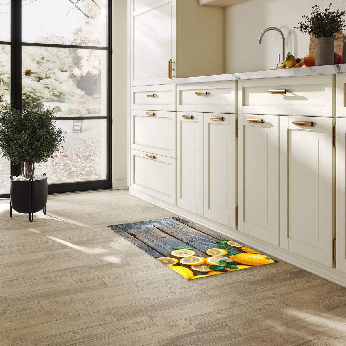 Geräuschdämpfender Küchenvorleger mit Motiv Lemon Fresh in heller Küche