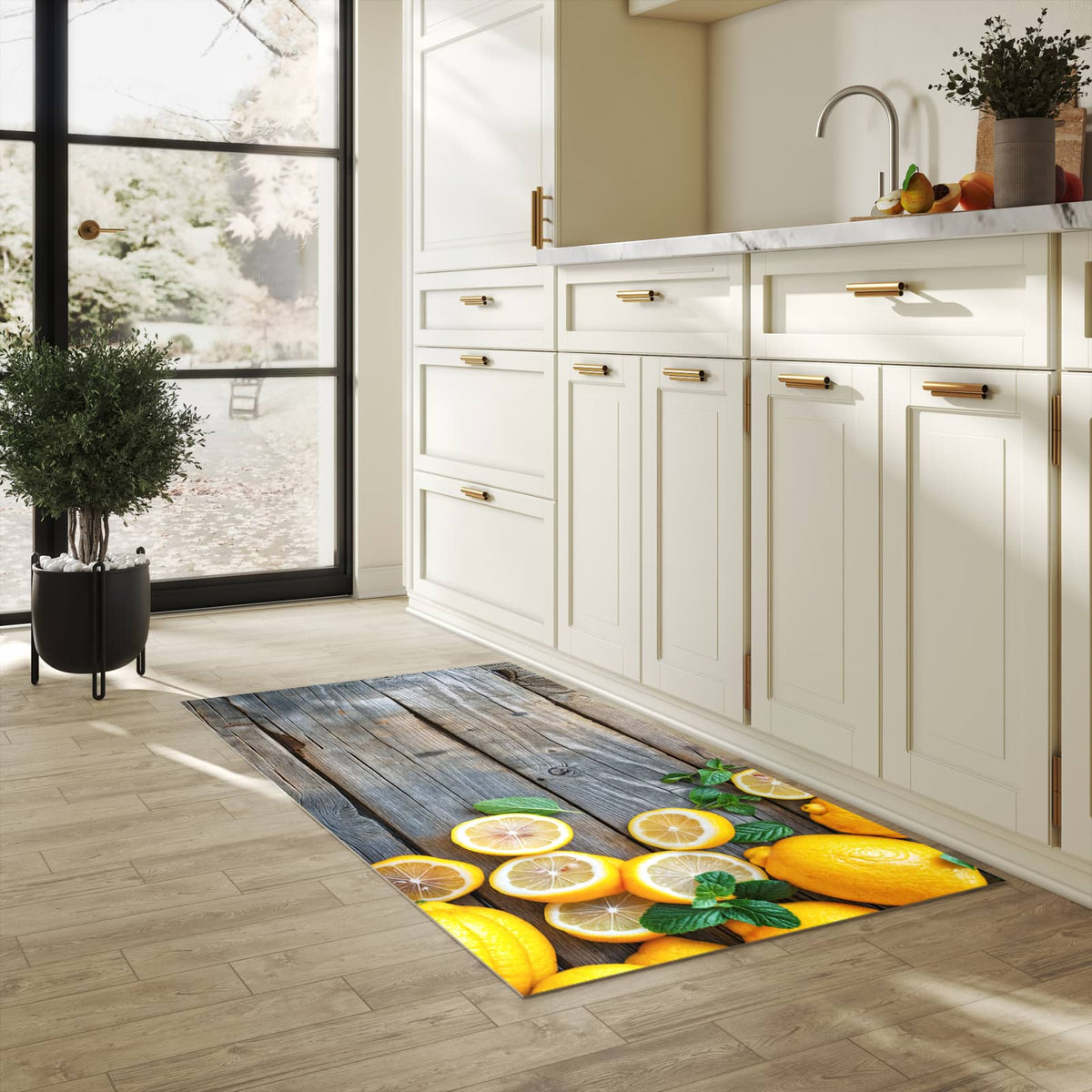 Komfortabler rutschfester Küchenteppich mit Motiv Lemon Fresh in heller Küche