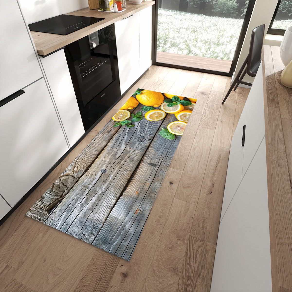 Schmutzabweisender Küchenläufer mit Motiv Lemon Fresh in moderner Küche