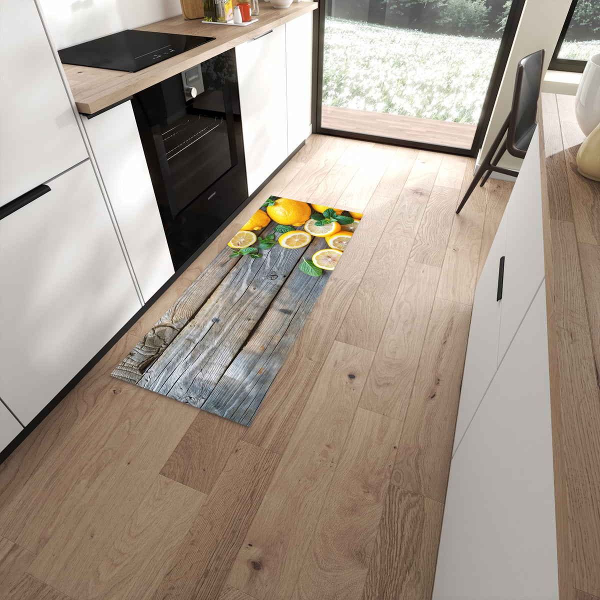 Geräuschdämpfender Küchenläufer mit Motiv Lemon Fresh in moderner Küche #grösse_60 x 150 cm