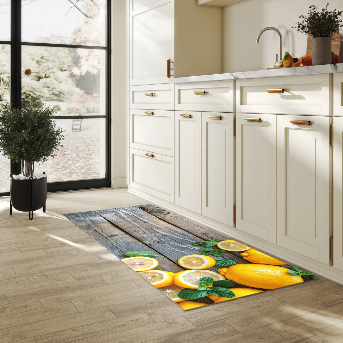 Geruchsneutraler langer Teppich mit Motiv Lemon Fresh in heller Küche