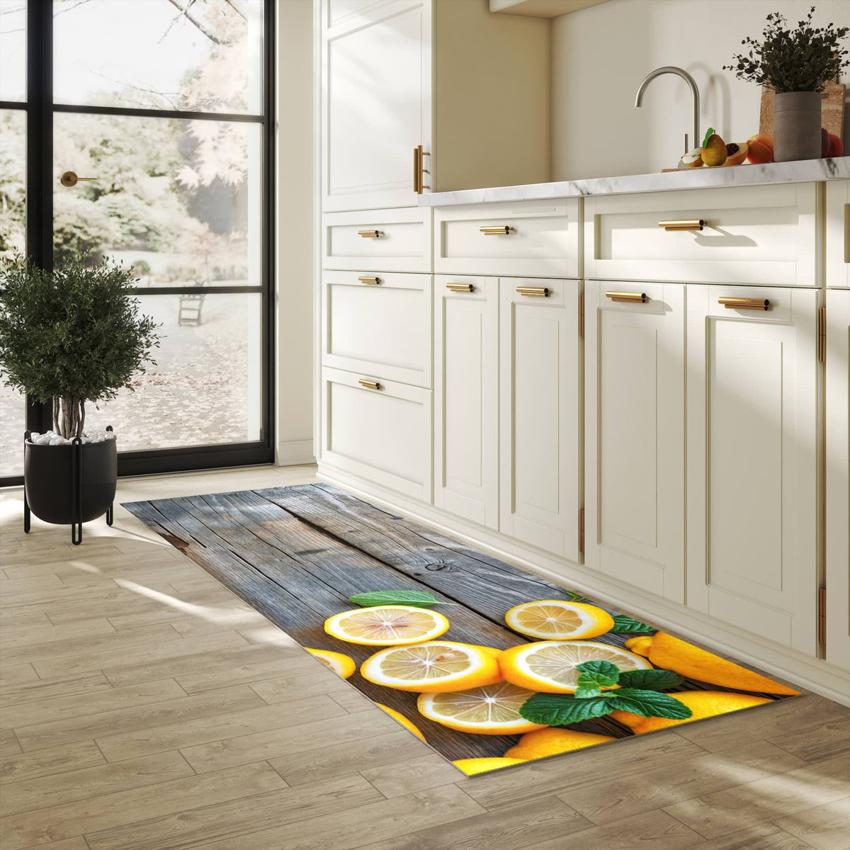 Langlebiger Läufer mit Motiv Lemon Fresh für Eingangsbereich in heller Küche